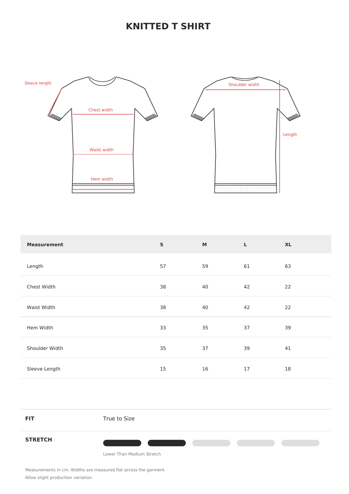 Knitted T Shirt size guide