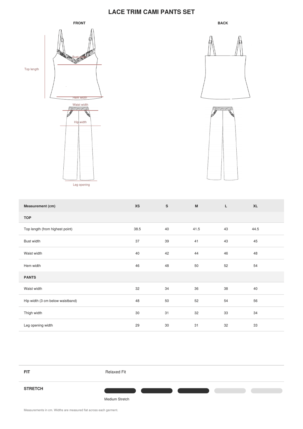 Lace Trim Cami Pants Set size guide