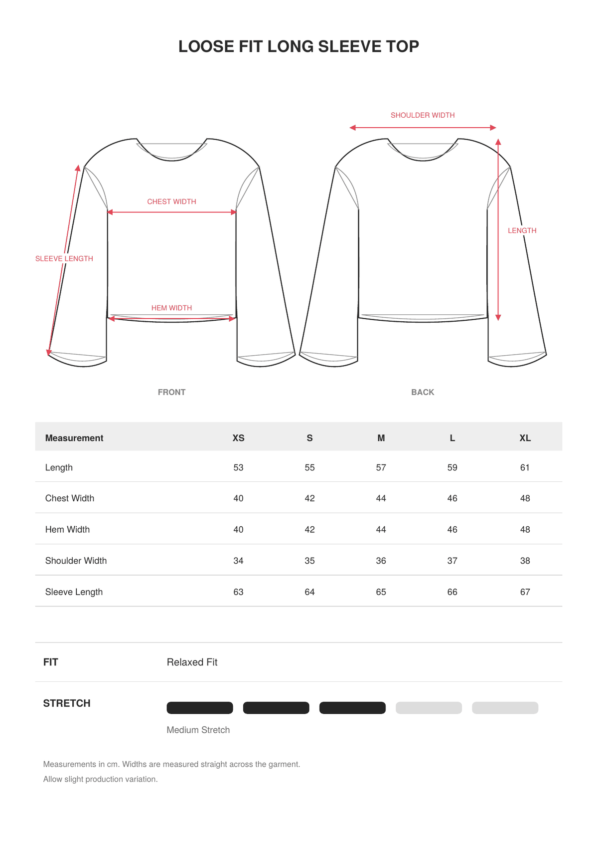 Loose Fit Long Sleeve Top size guide