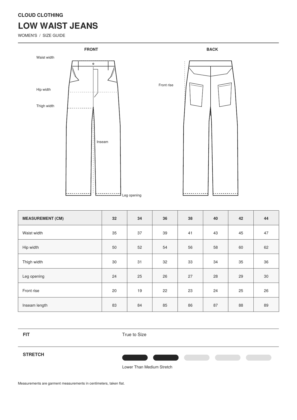 Low Waist Jeans size guide