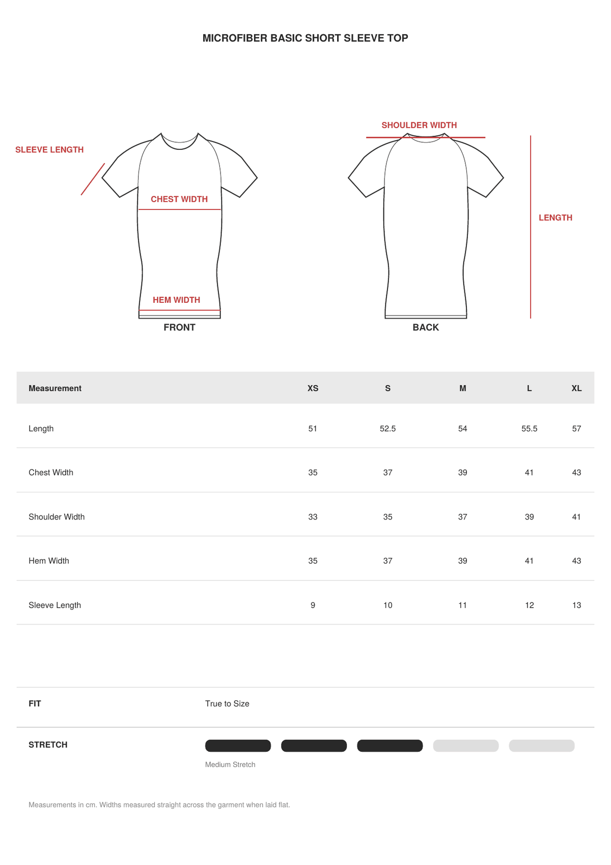 Microfiber Basic Short Sleeve Top size guide
