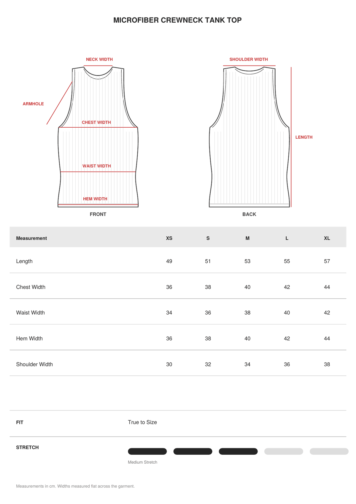 Microfiber Crewneck Tank Top size guide