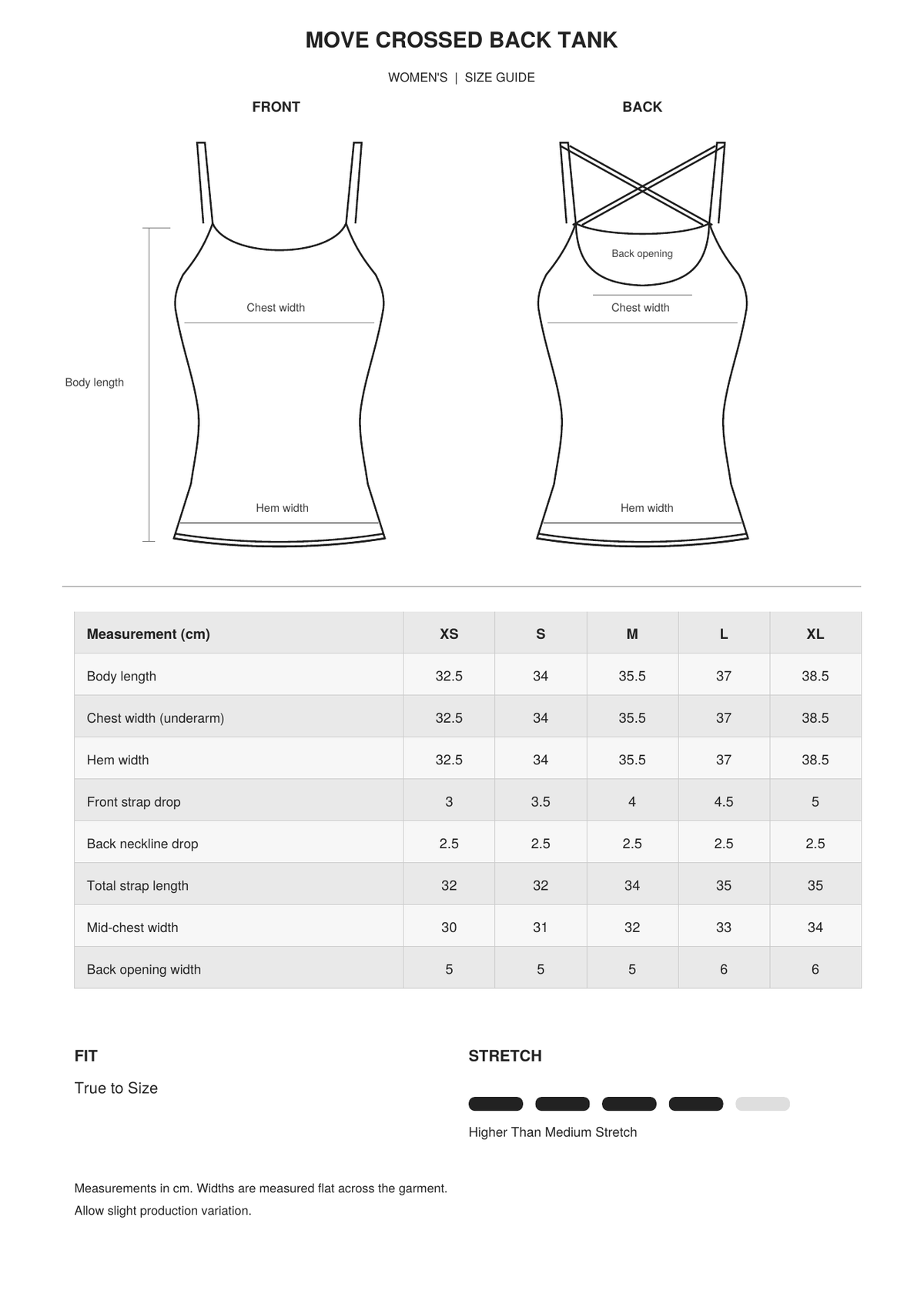 Move Crossed Back Tank size guide