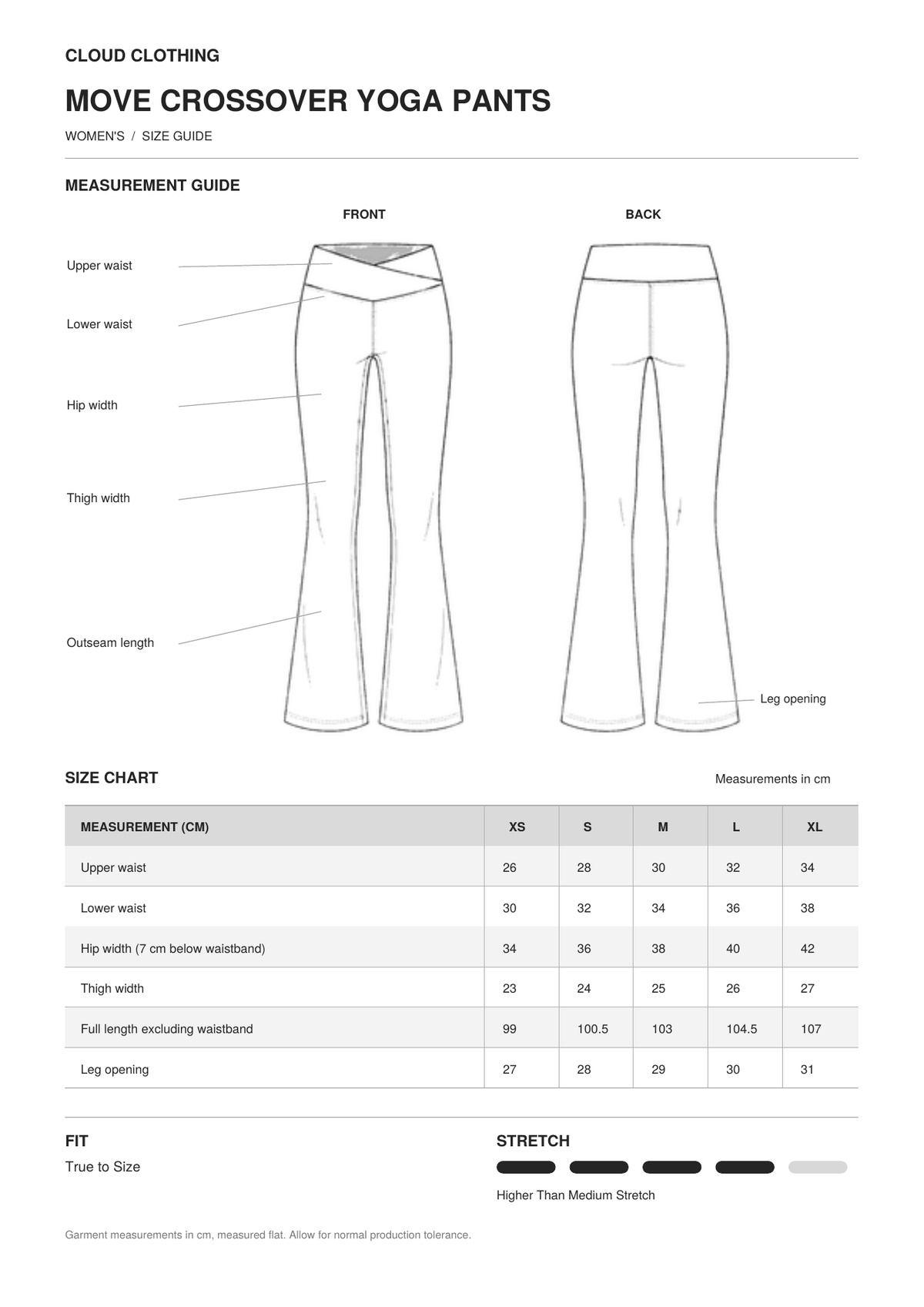 Move Crossover Yoga Pants size guide
