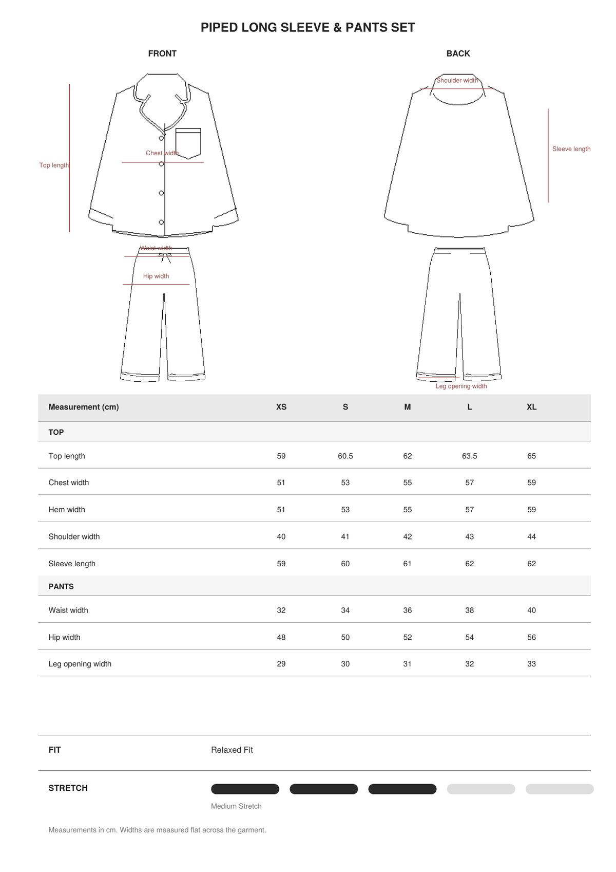 Piped Long Sleeve & Pants Set size guide