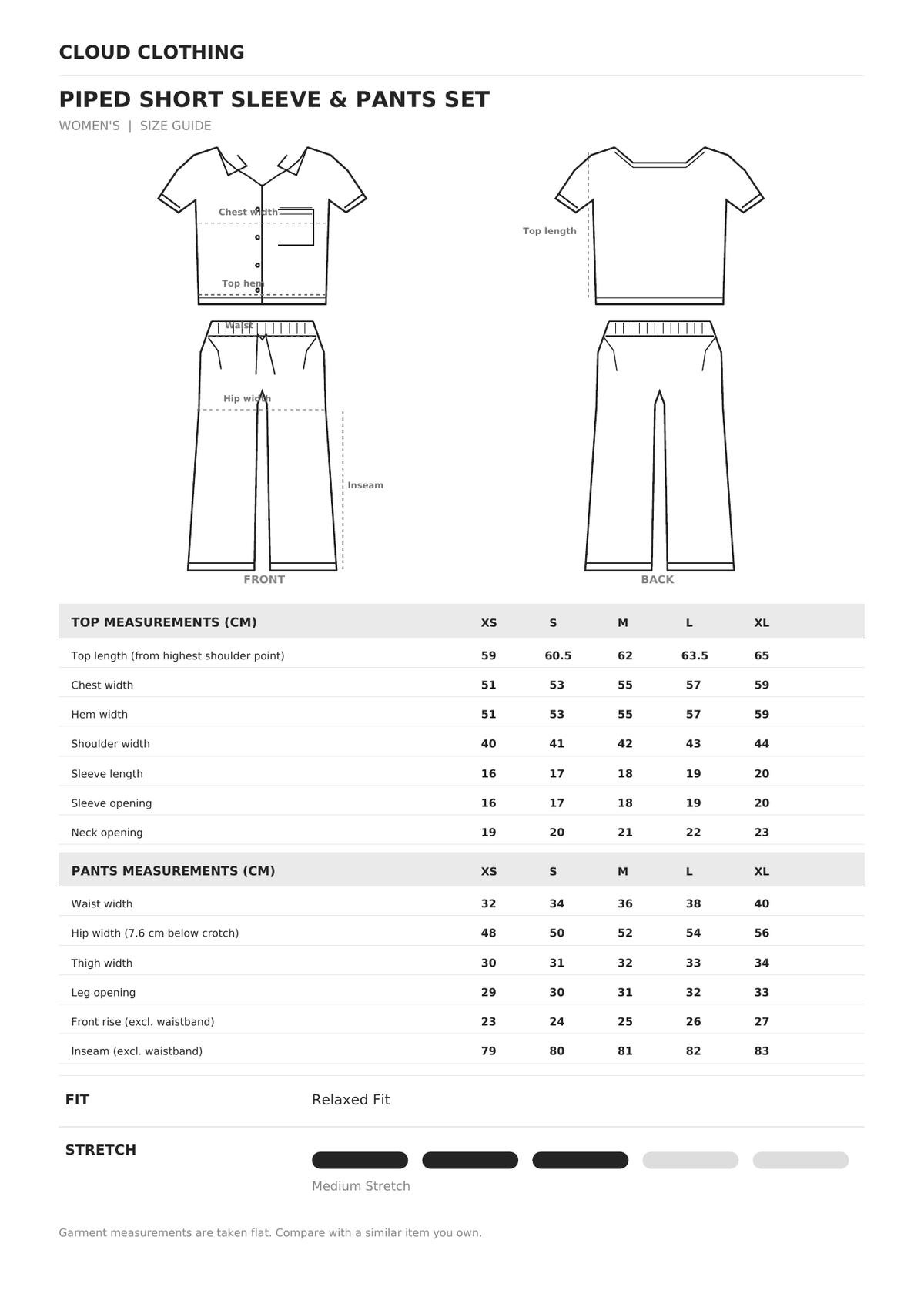 Piped Short Sleeve & Pants Set size guide