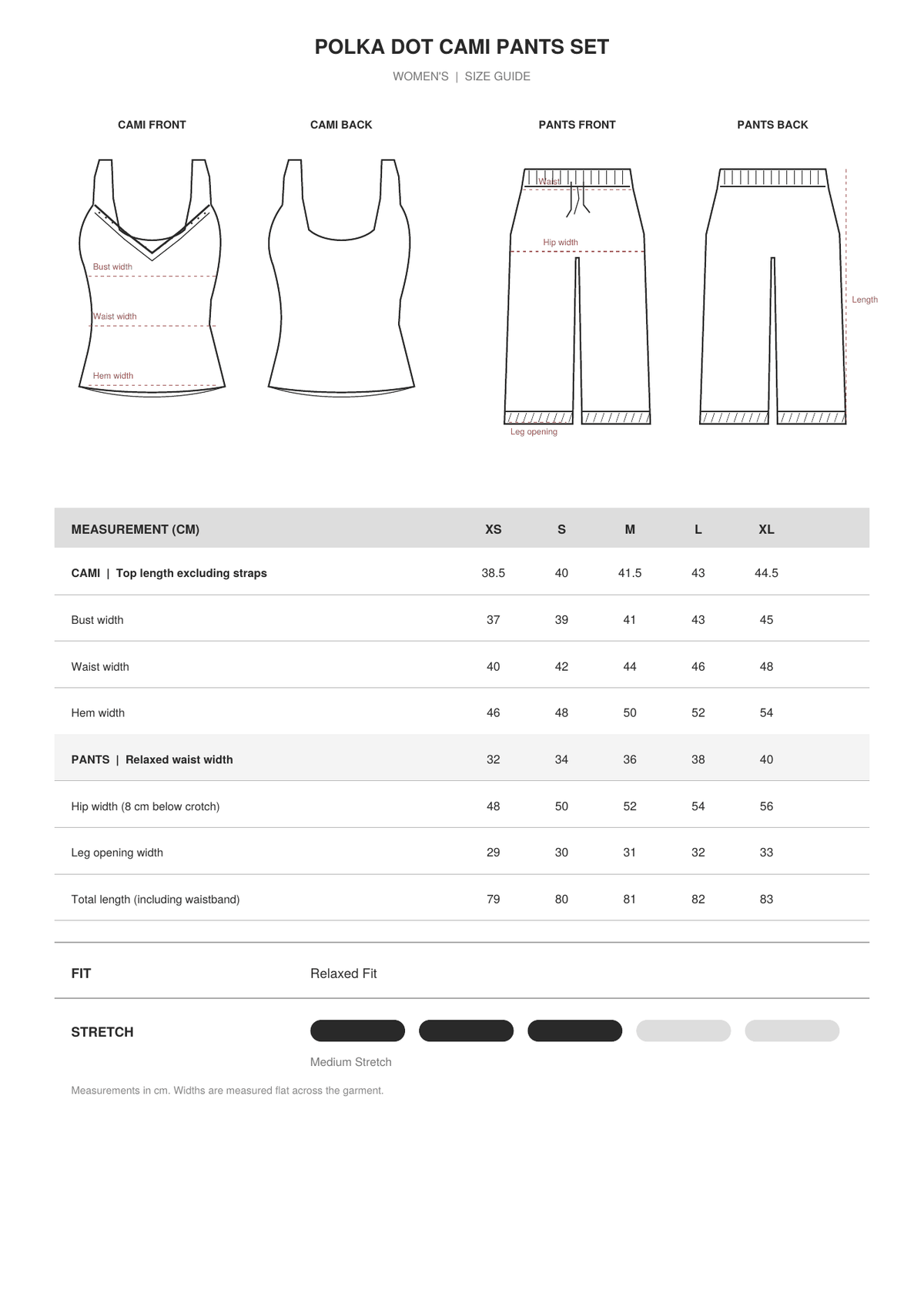 Polka Dot Cami Pants Set size guide