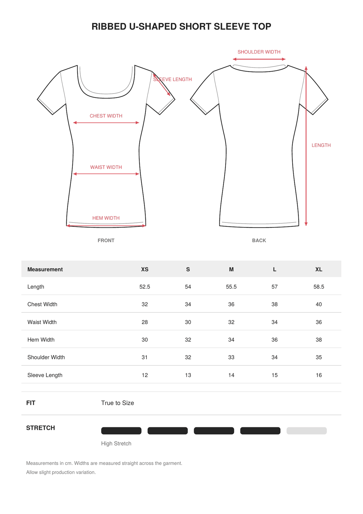 Ribbed U-Shaped Short Sleeve Top size guide
