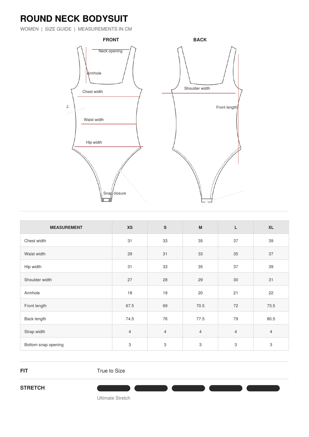 Round Neck Bodysuit size guide