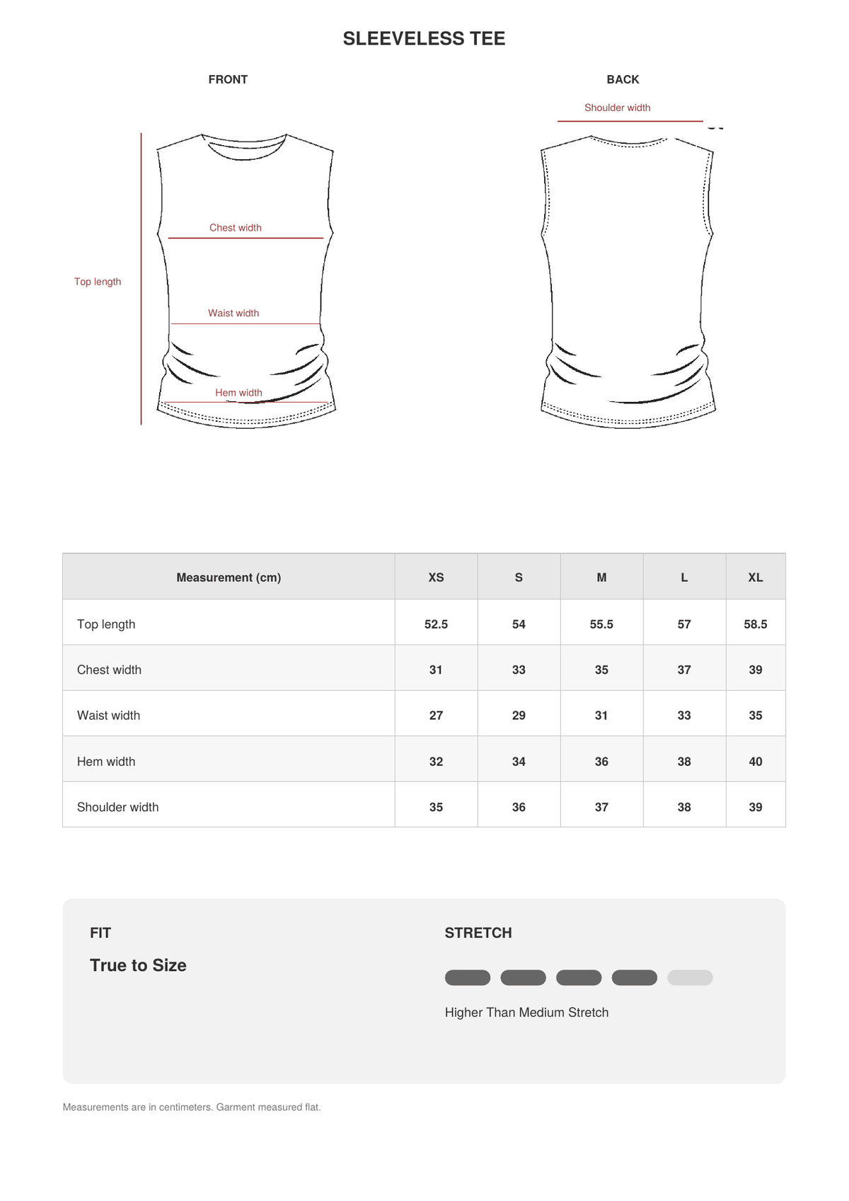 Sleeveless Tee size guide