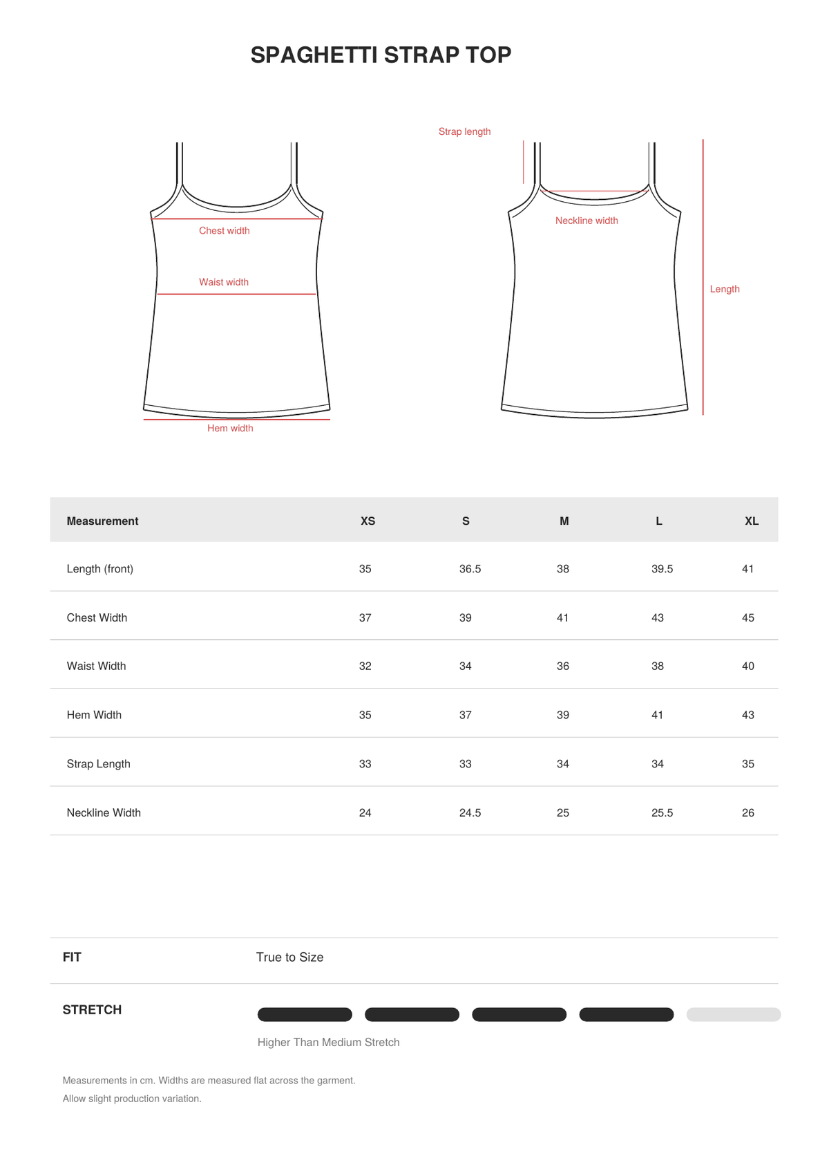 Spaghetti Strap Top size guide