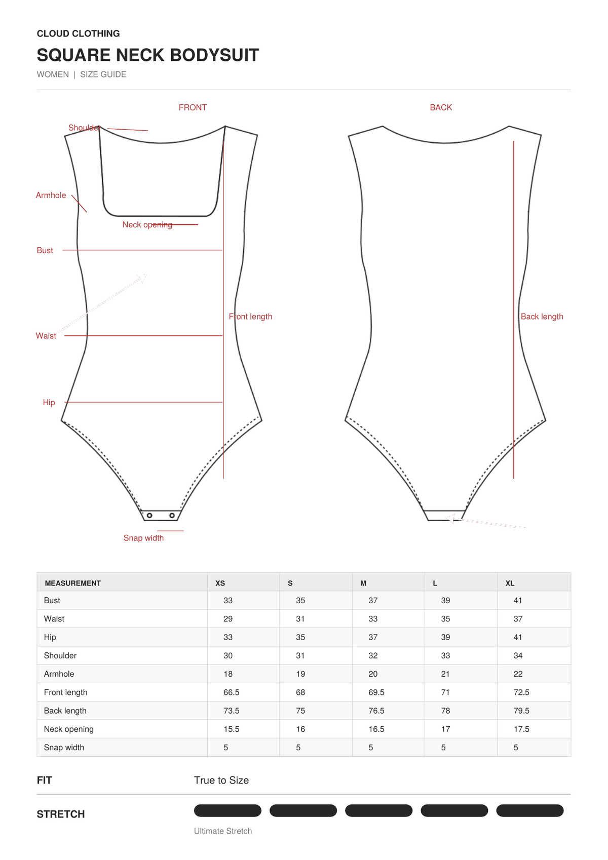 Square Neck Bodysuit size guide