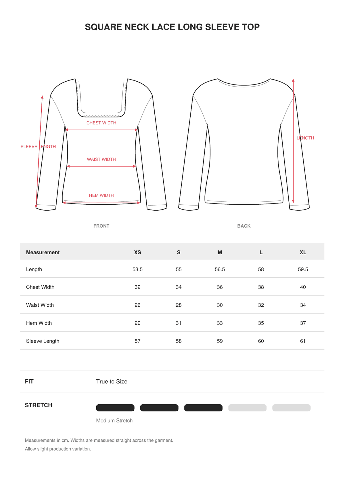 Square Neck Lace Long Sleeve Top size guide