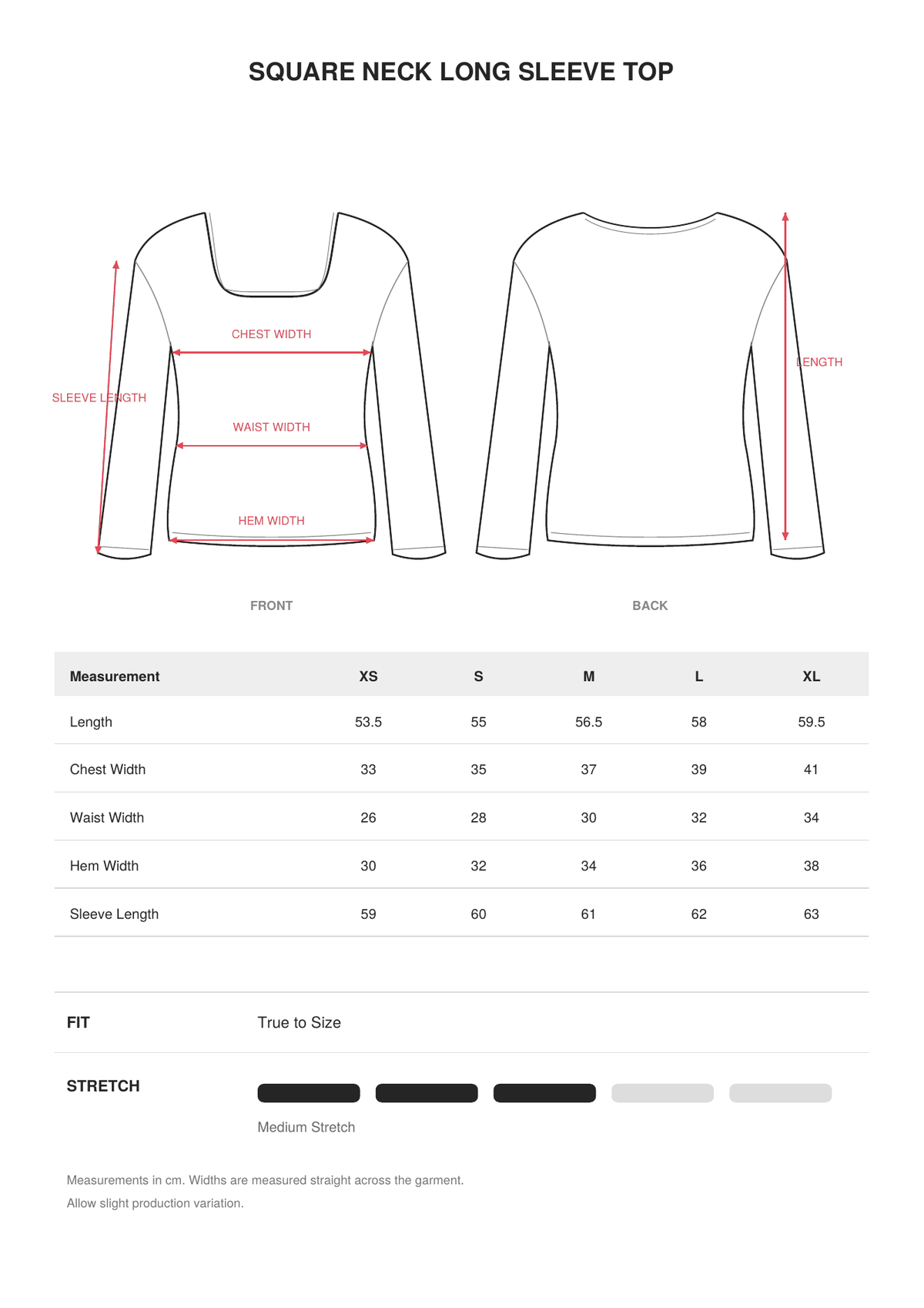 Square Neck Long Sleeve Top size guide