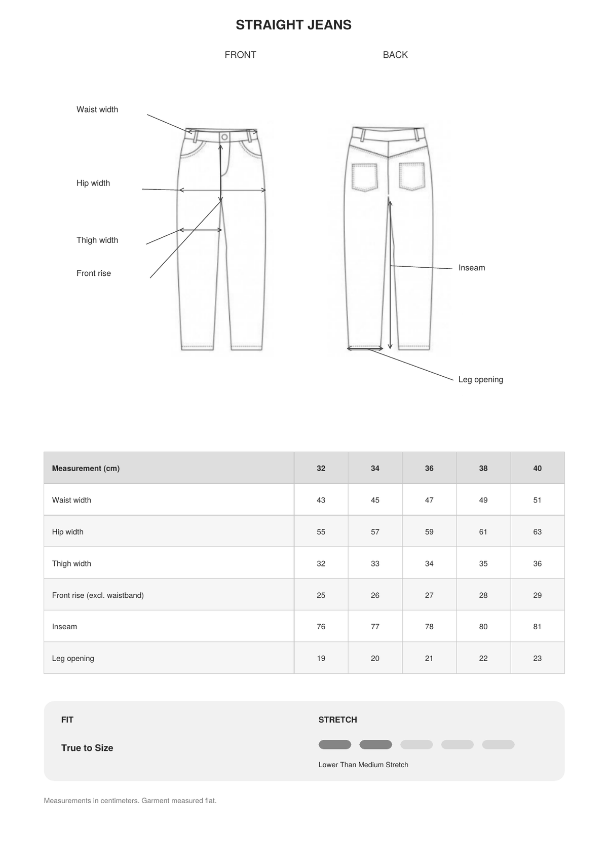 Straight Jeans size guide
