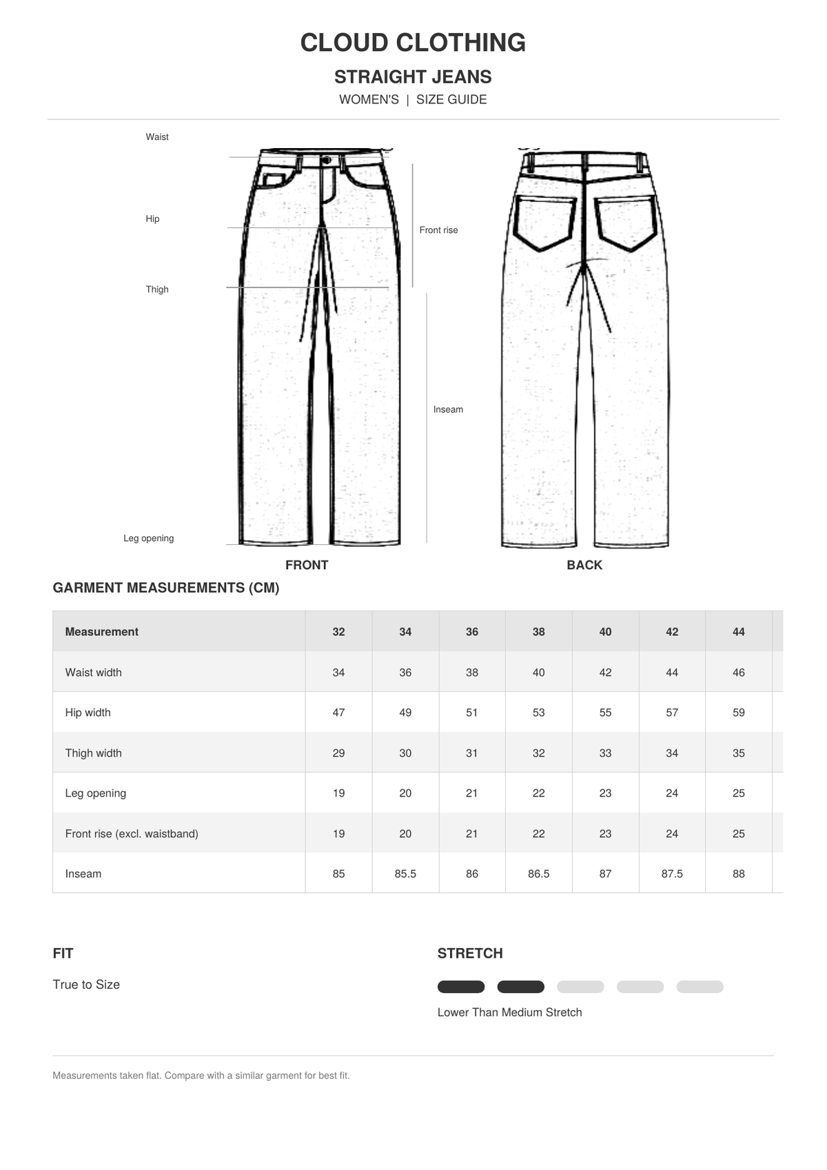 Straight Jeans size guide