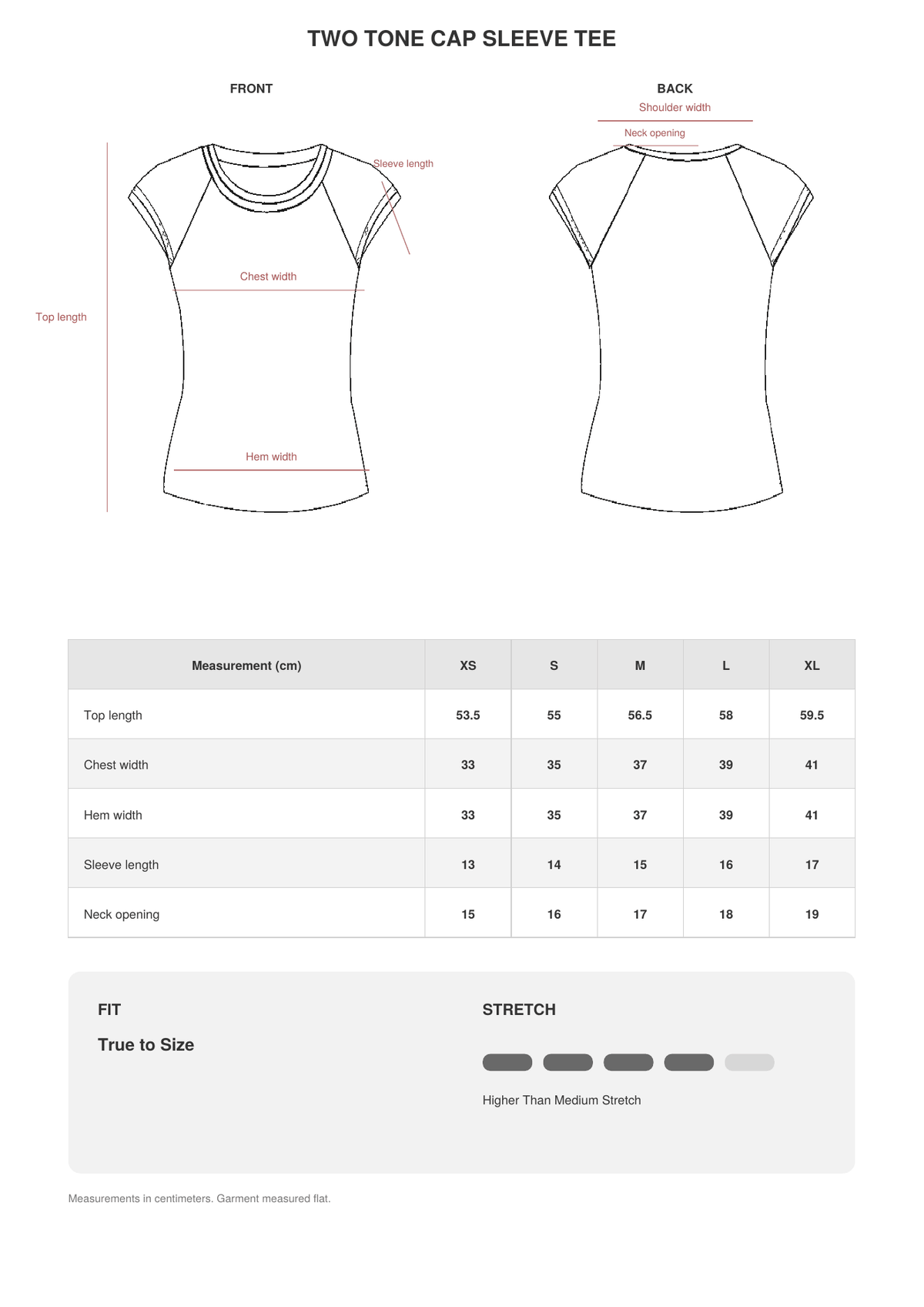 Two Tone Cap Sleeve Tee size guide