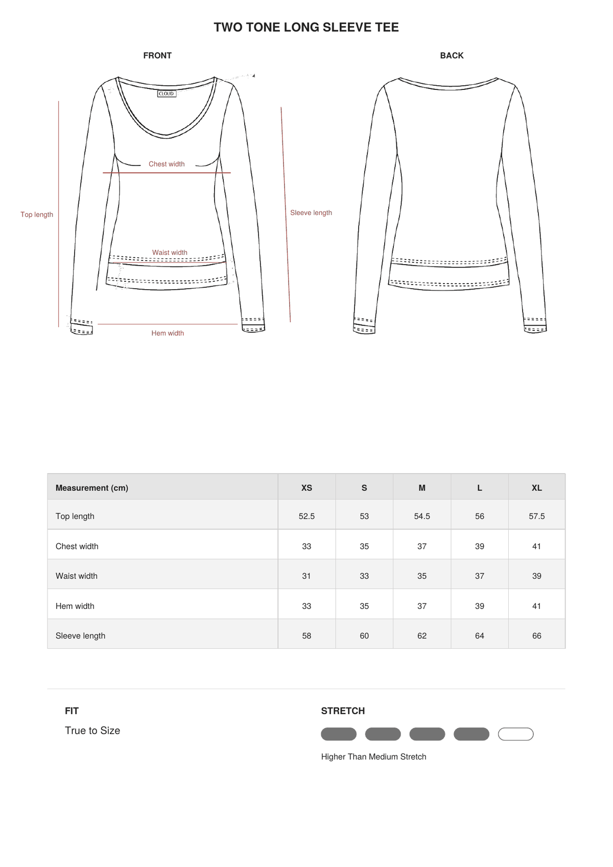 Two Tone Long Sleeve Tee size guide