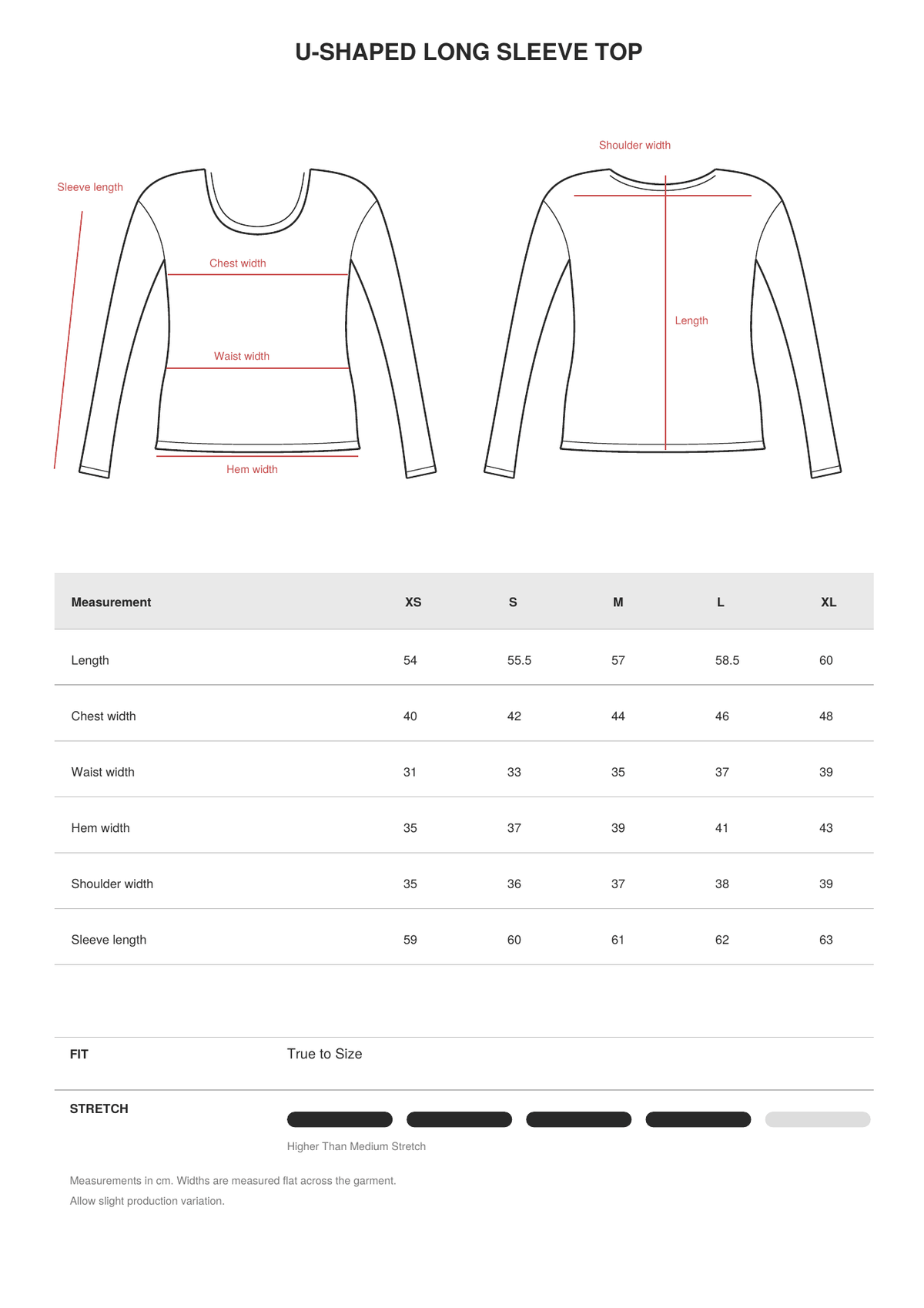 U-Shaped Long Sleeve Top size guide