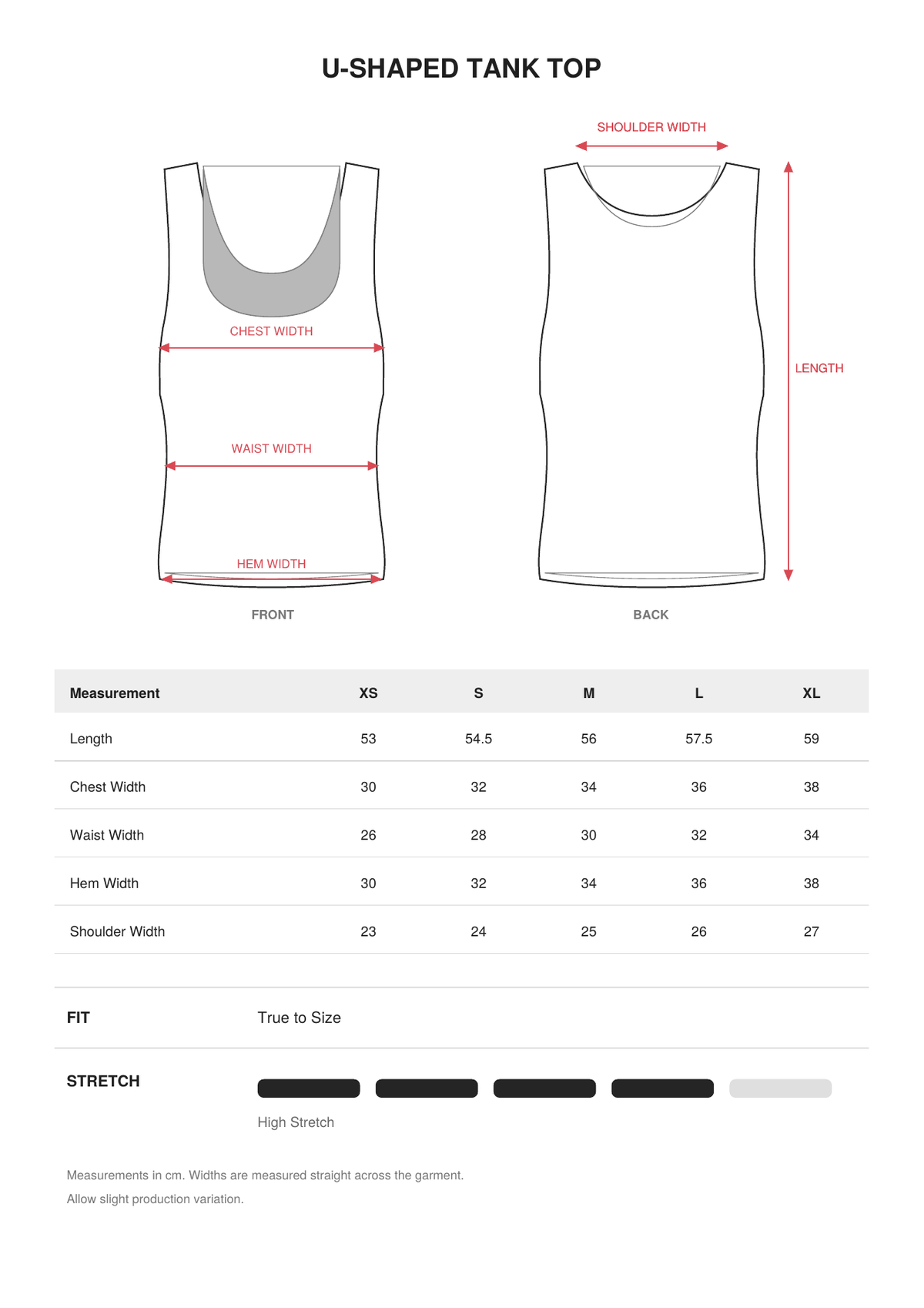 U-Shaped Tank Top size guide