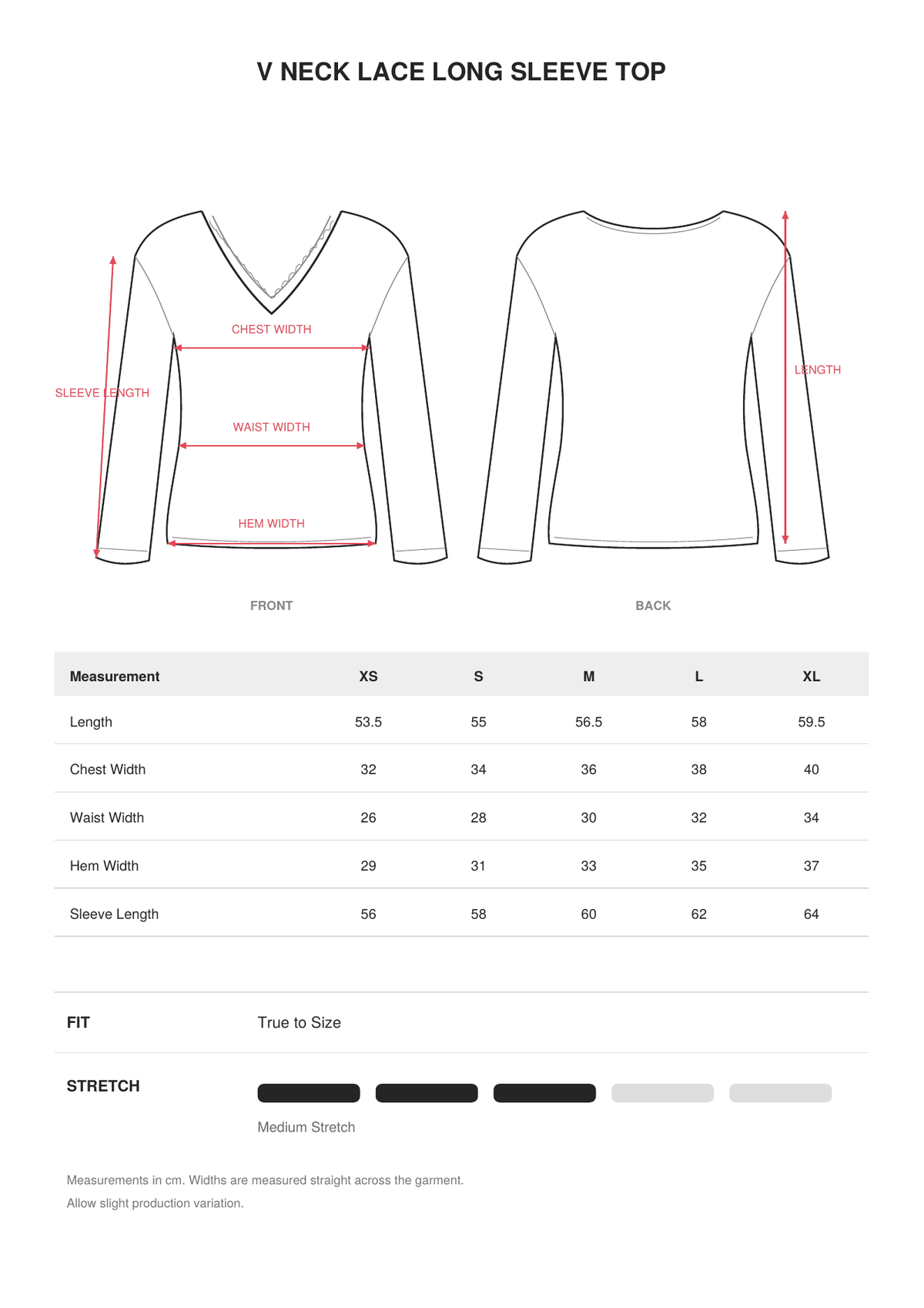 V Neck Lace Long Sleeve Top size guide