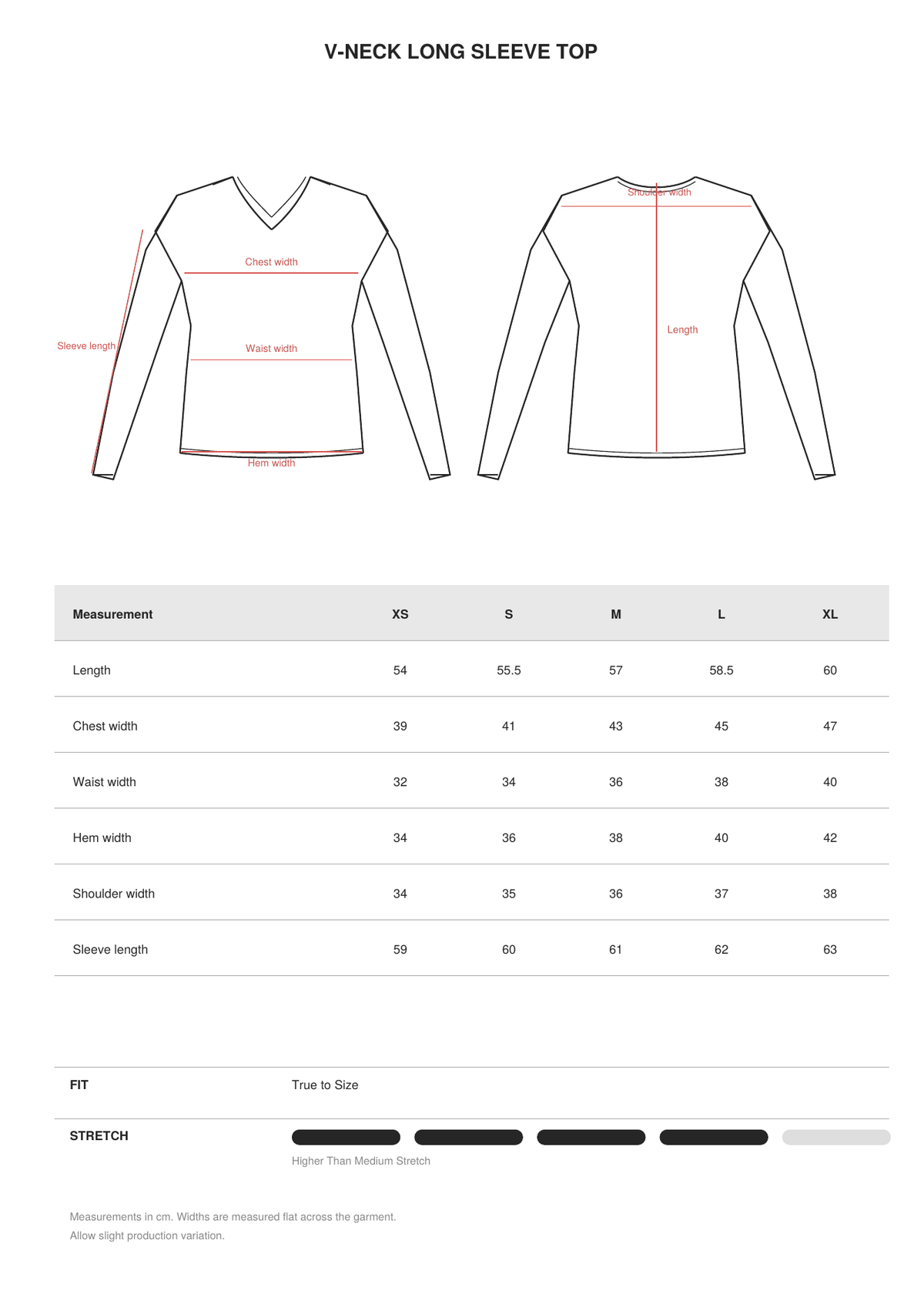 V-Neck Long Sleeve Top size guide