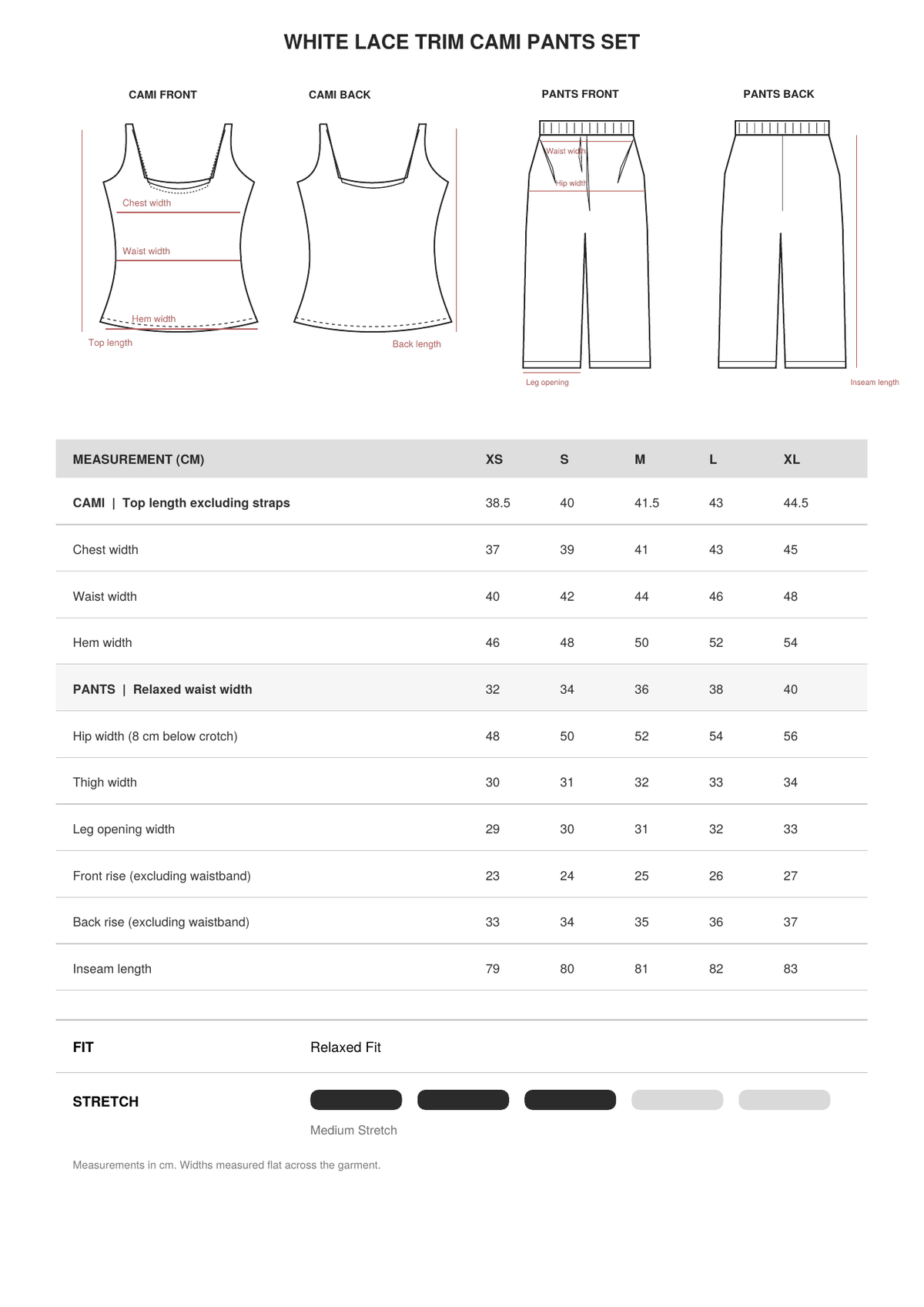 White Lace Trim Cami Pants Set size guide