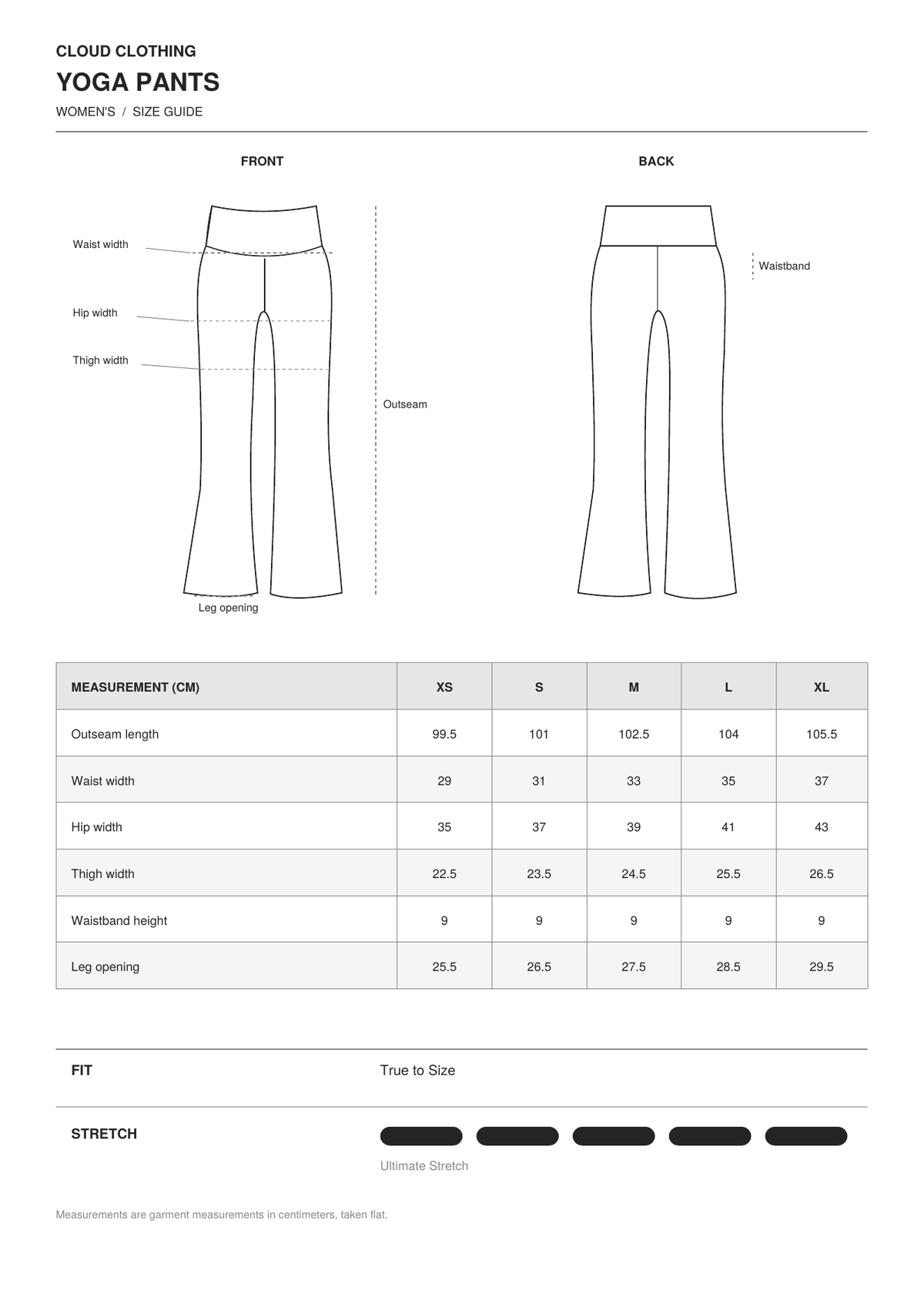 Yoga Pants size guide