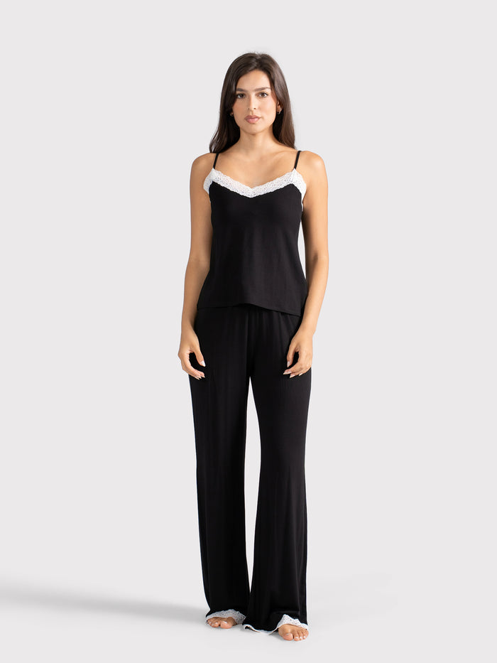 WHITE LACE TRIM CAMI PANTS SET BLACK