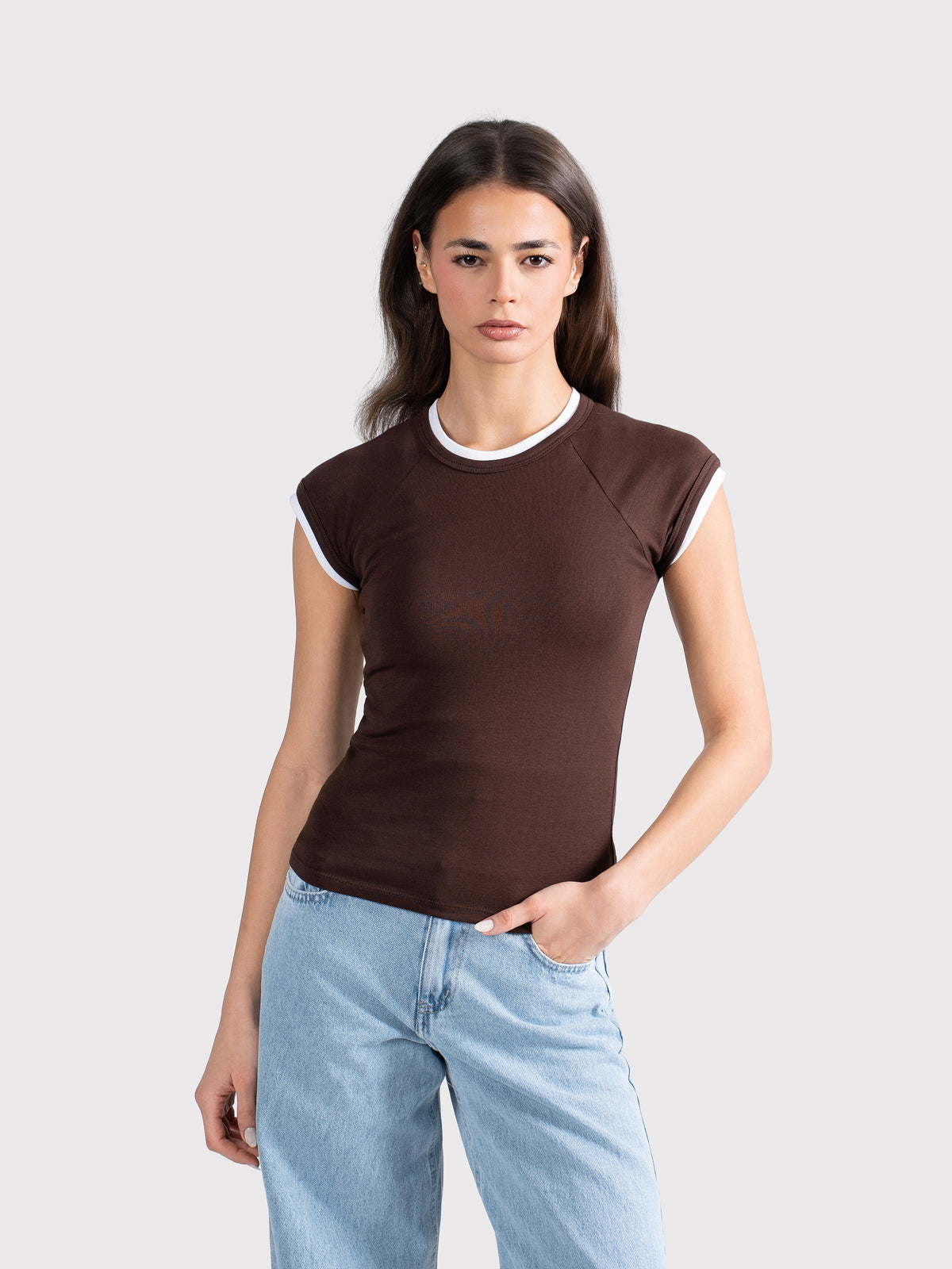TWO TONE CAP SLEEVE TEE BROWN