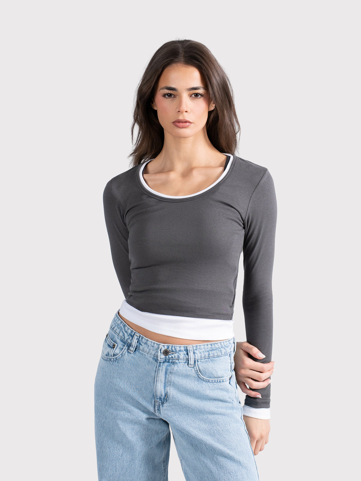 TWO TONE LONG SLEEVE TEE DARK GRAY