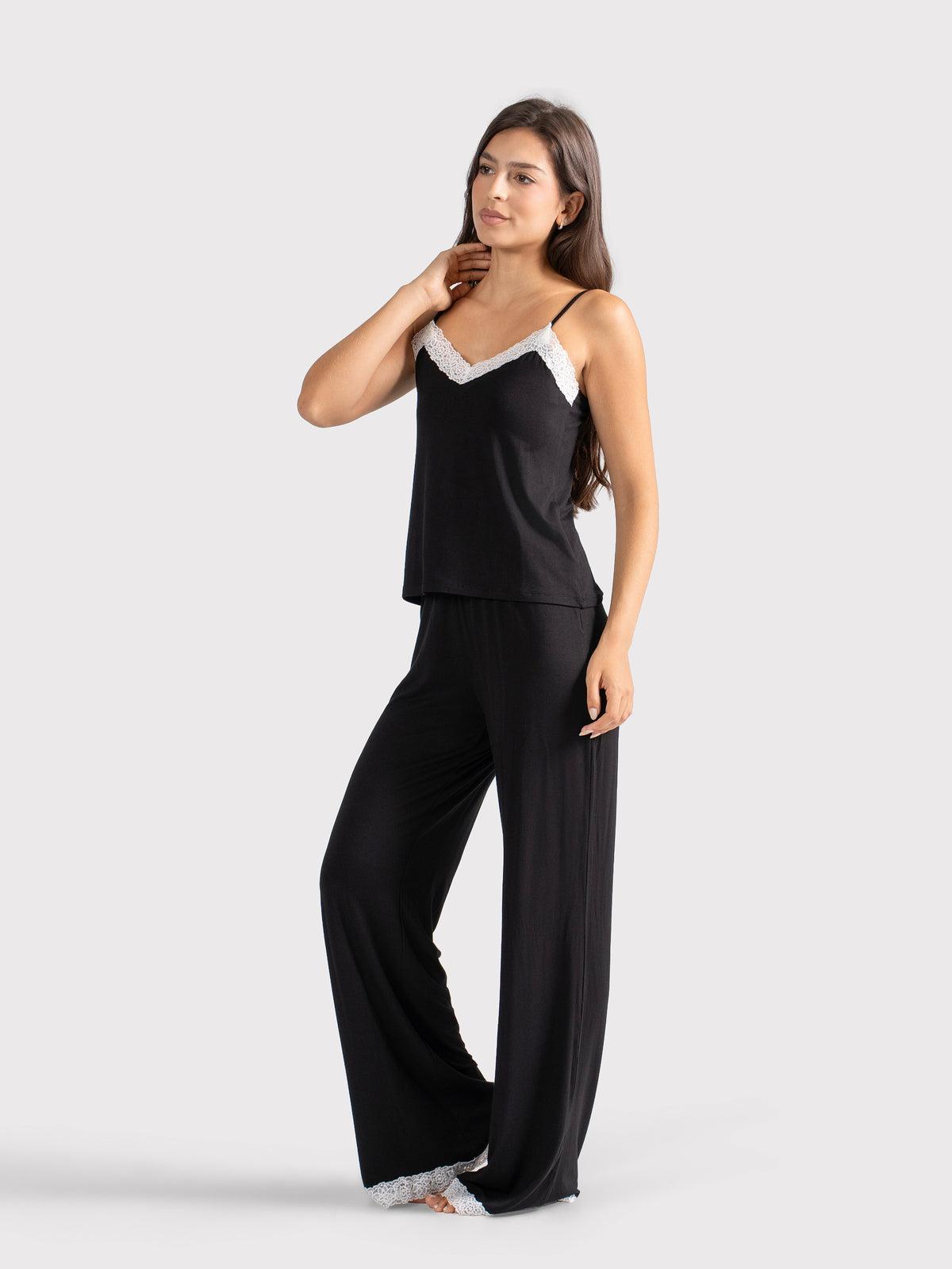 WHITE LACE TRIM CAMI PANTS SET BLACK