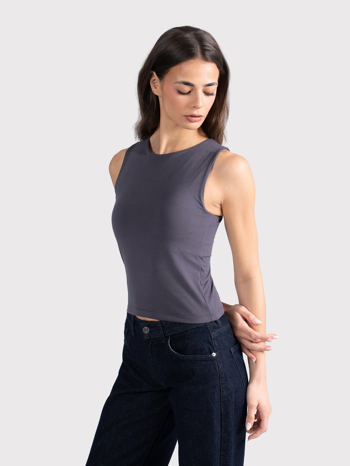 MICROFIBER CREWNECK TANK TOP CHARCOAL