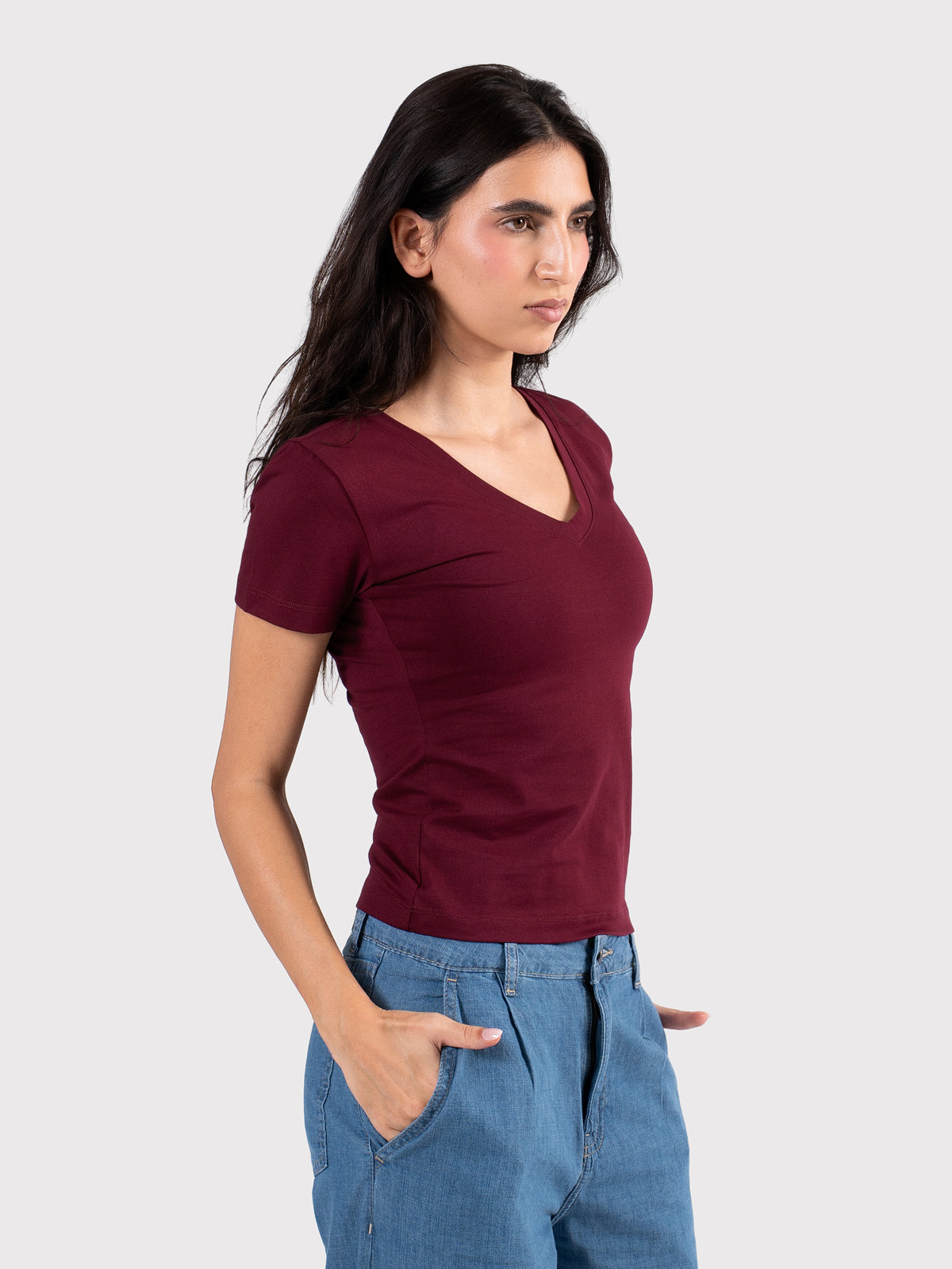 V-NECK SHORT SLEEVE TOP BURGUNDY