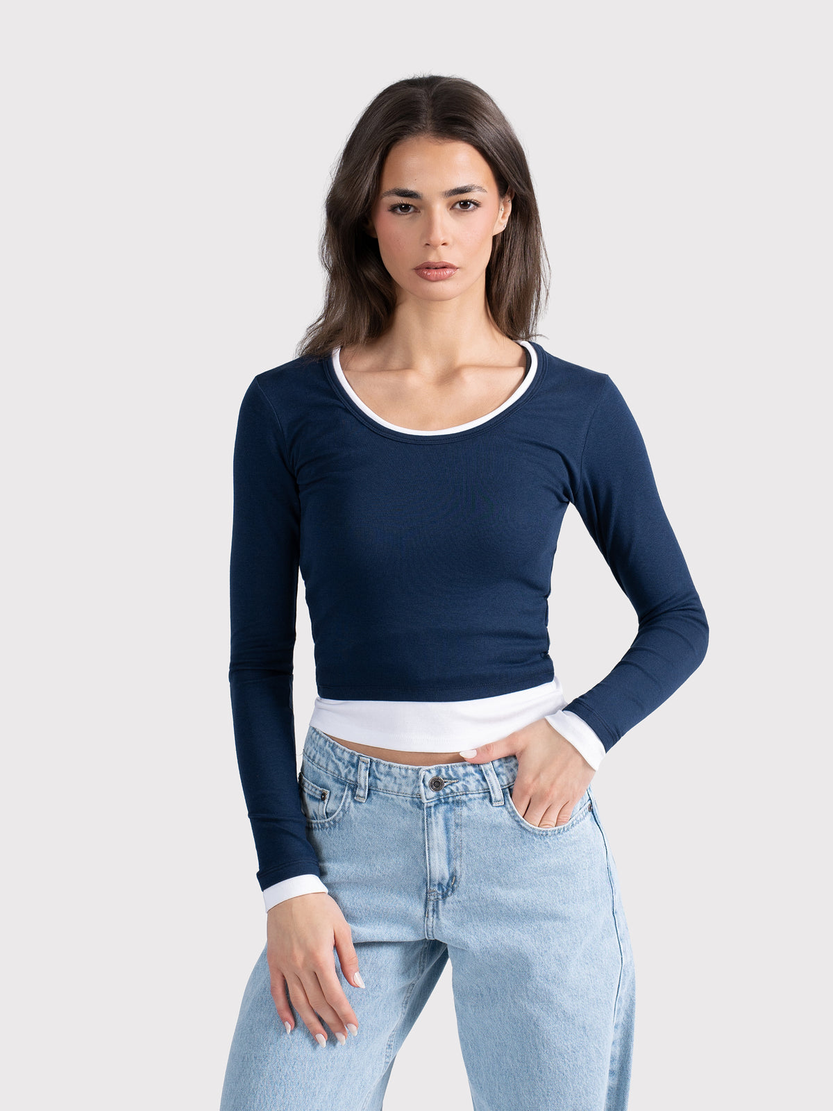 TWO TONE LONG SLEEVE TEE NAVY