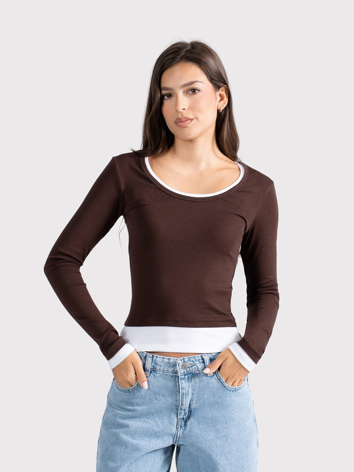 TWO TONE LONG SLEEVE TEE BROWN
