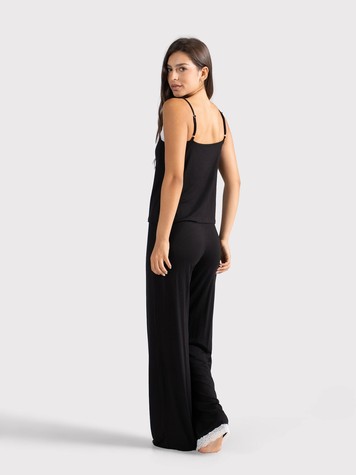 WHITE LACE TRIM CAMI PANTS SET BLACK