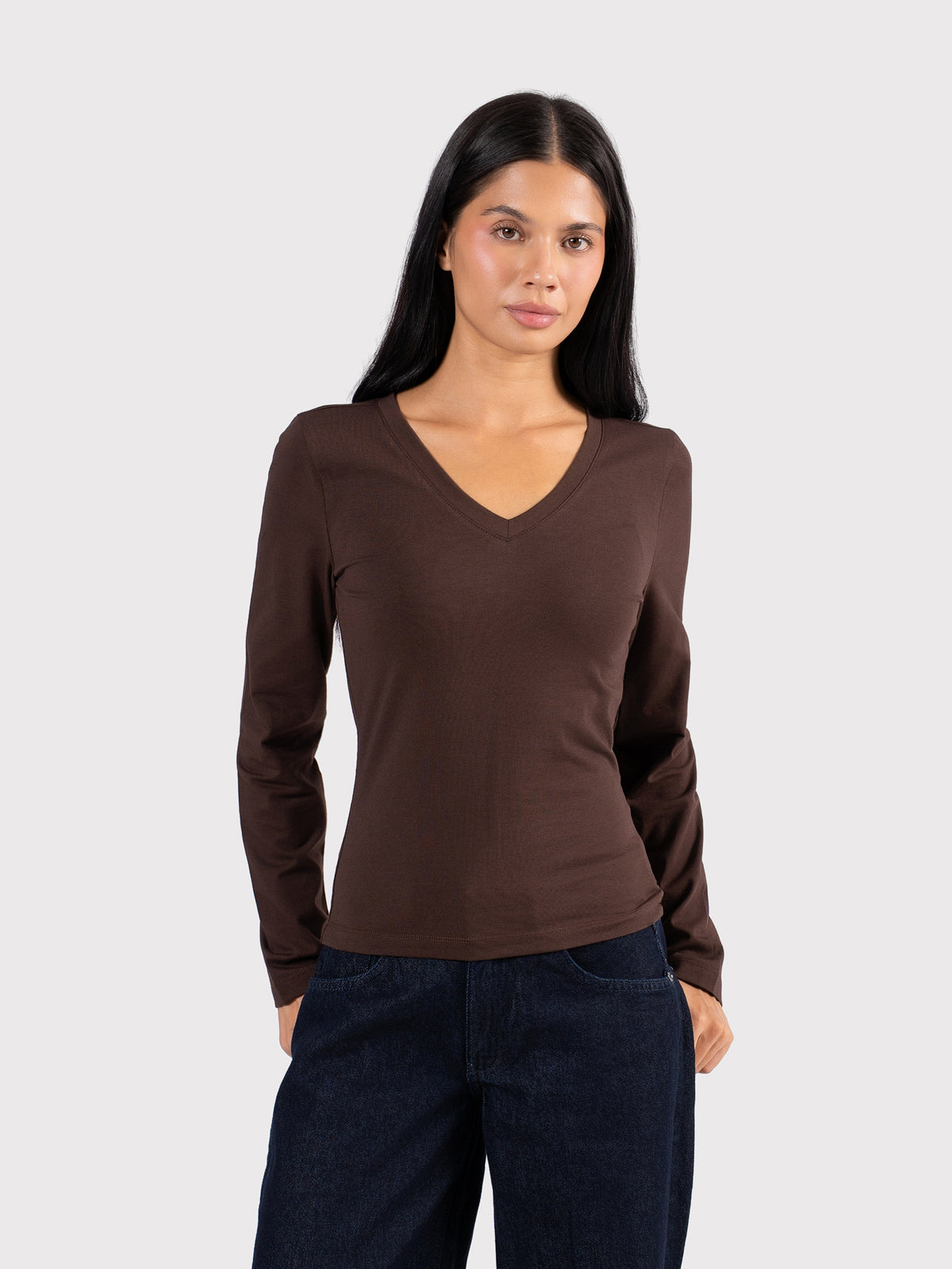 V-NECK LONG SLEEVE TOP BROWN