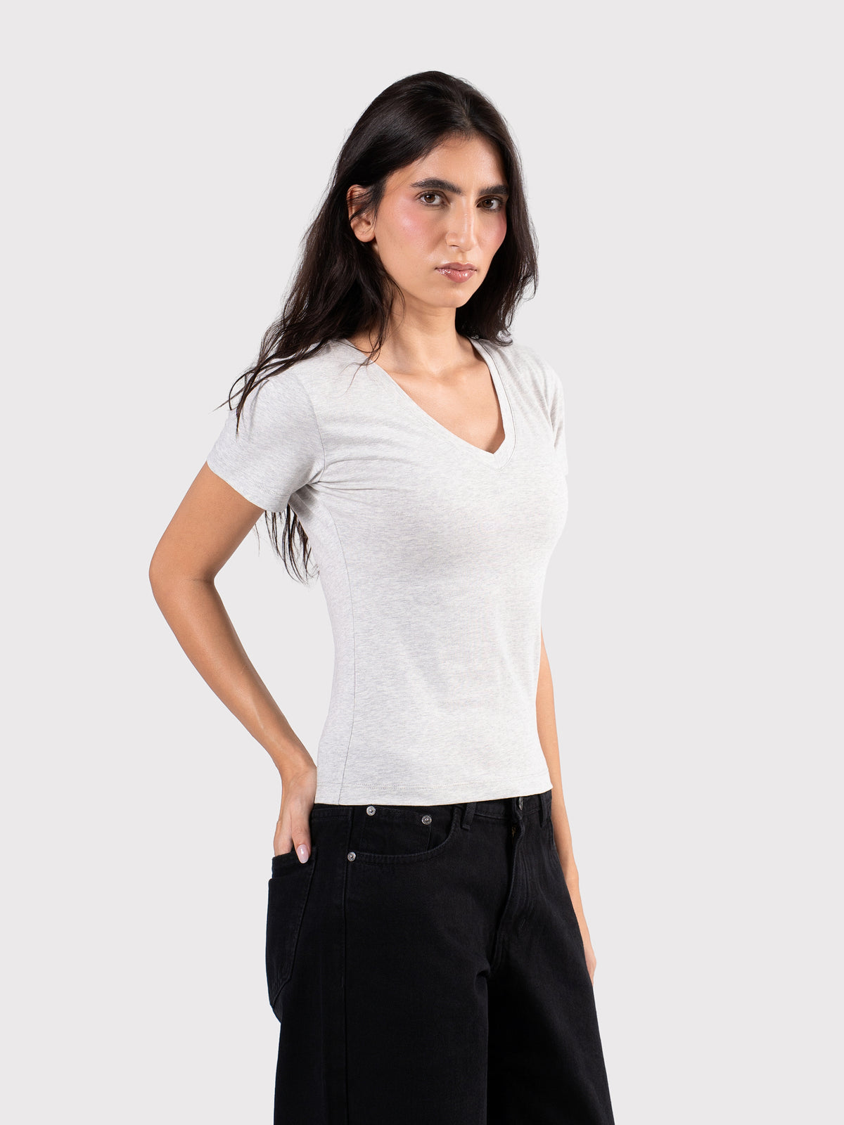 V-NECK SHORT SLEEVE TOP CLOUD-GREY