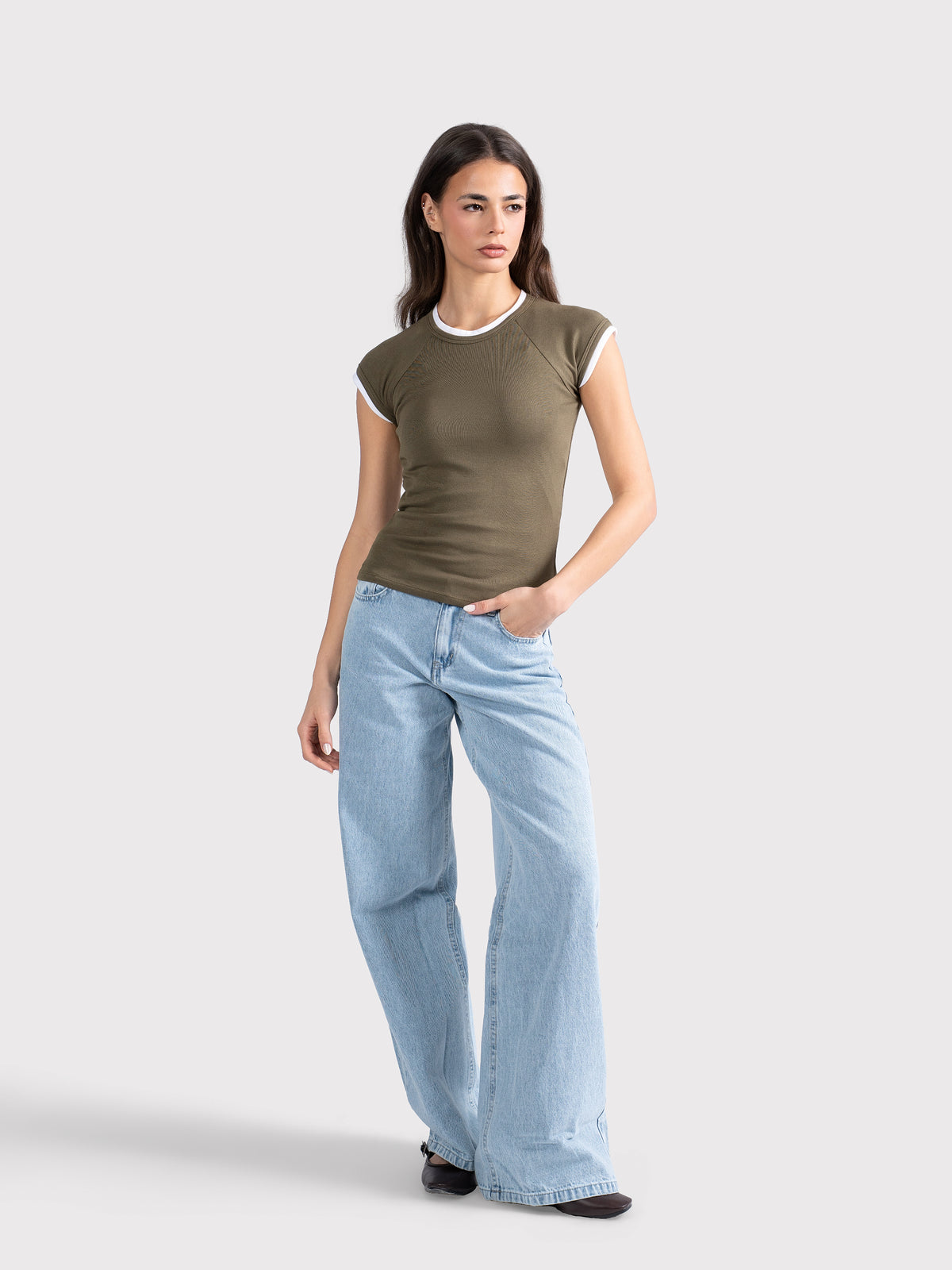 TWO TONE CAP SLEEVE TEE OLIVE