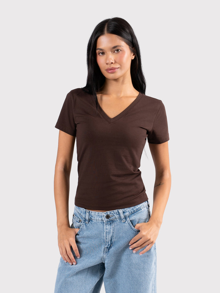 V-NECK SHORT SLEEVE TOP BROWN