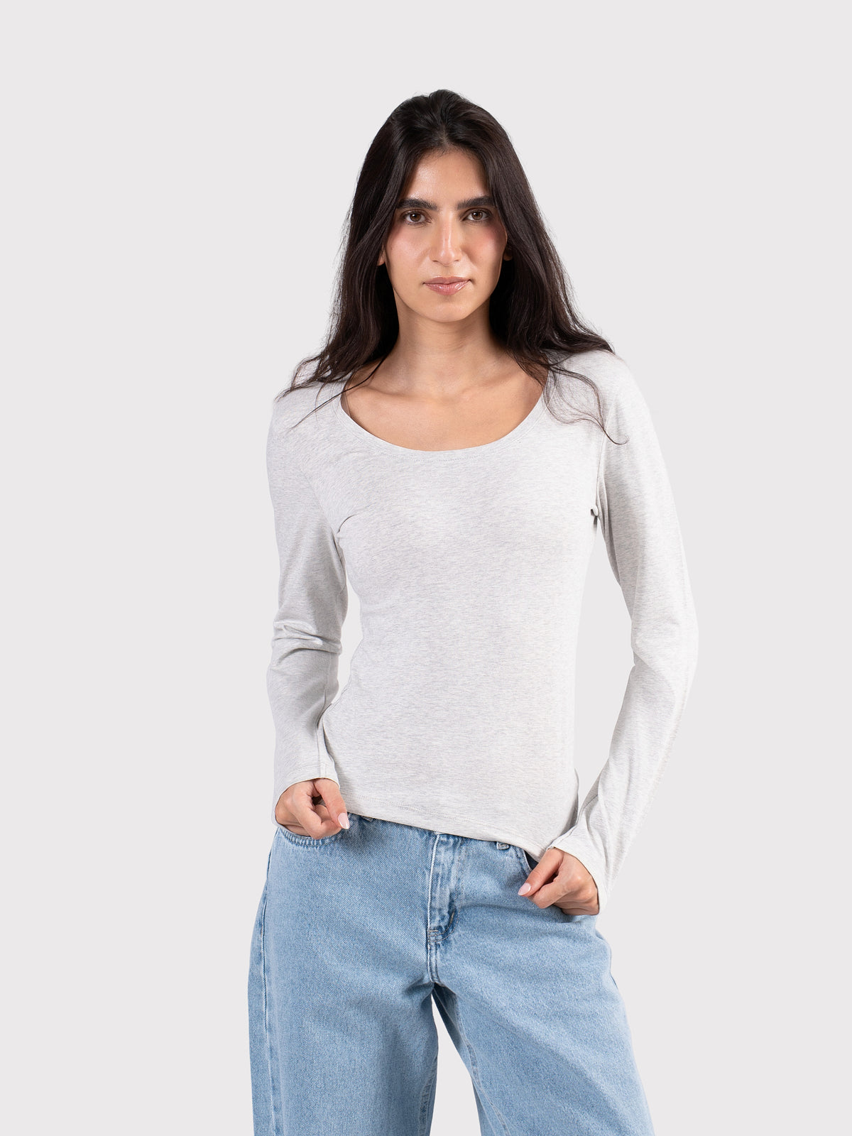 U-SHAPED LONG SLEEVE TOP CLOUD-GREY