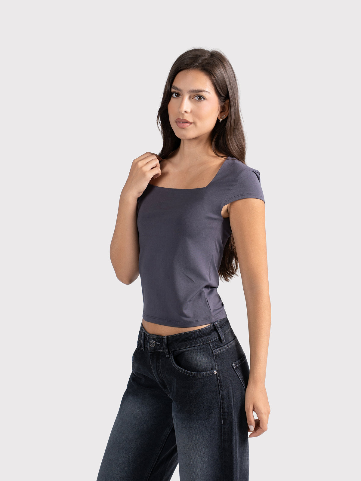 MICROFIBER SQUARE NECK TOP CHARCOAL