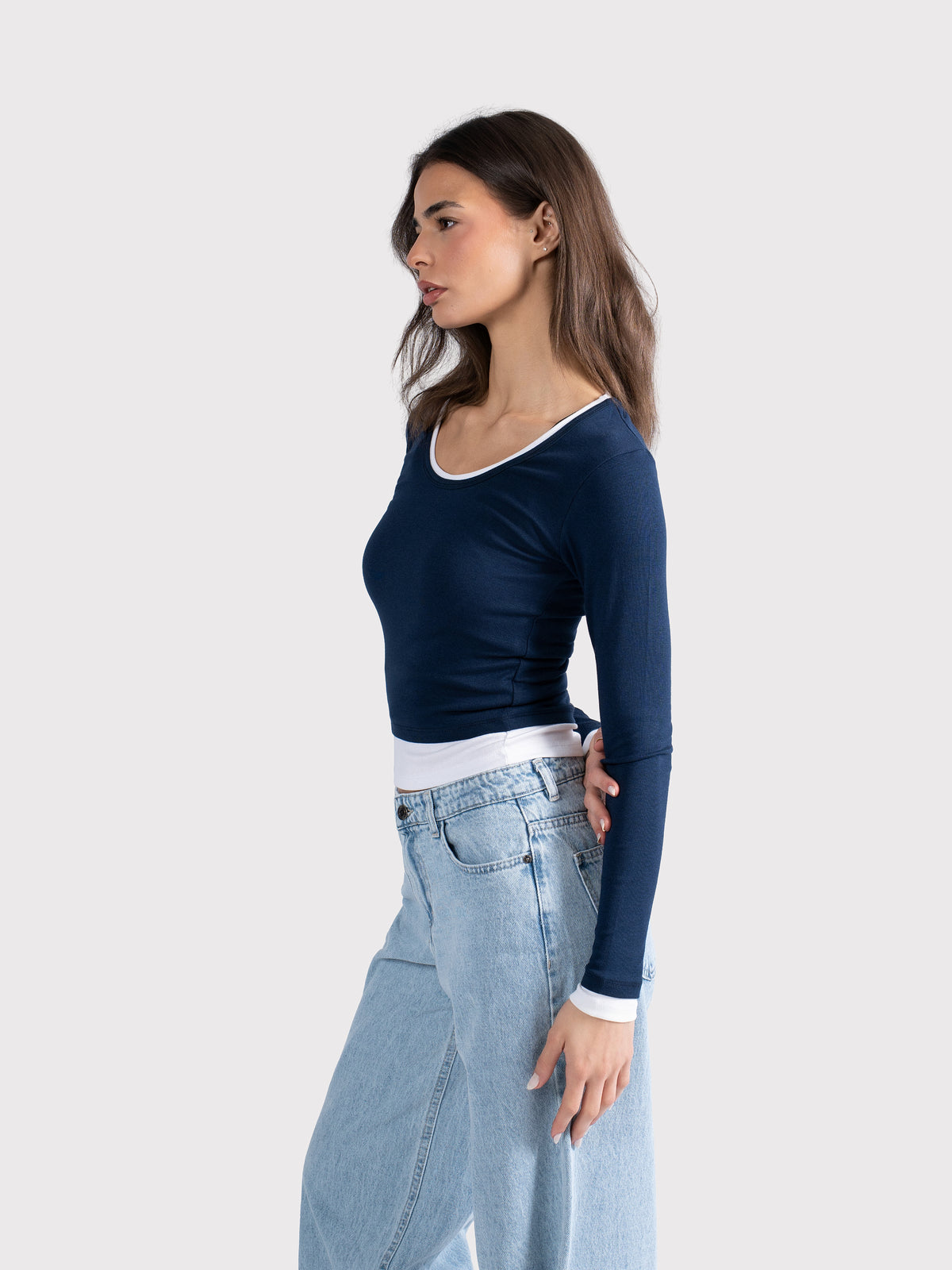 TWO TONE LONG SLEEVE TEE NAVY