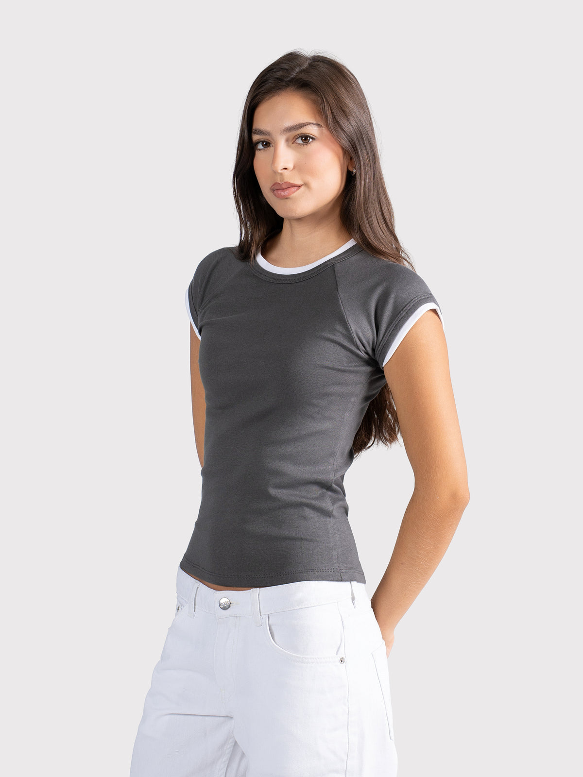 TWO TONE CAP SLEEVE TEE DARK GRAY