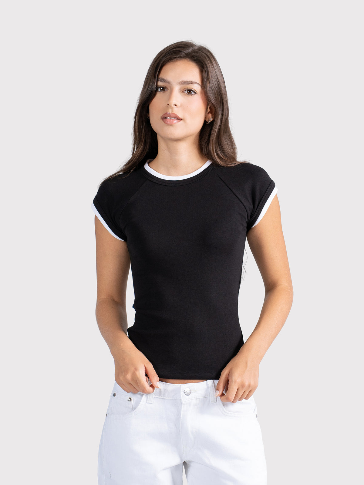 TWO TONE CAP SLEEVE TEE BLACK