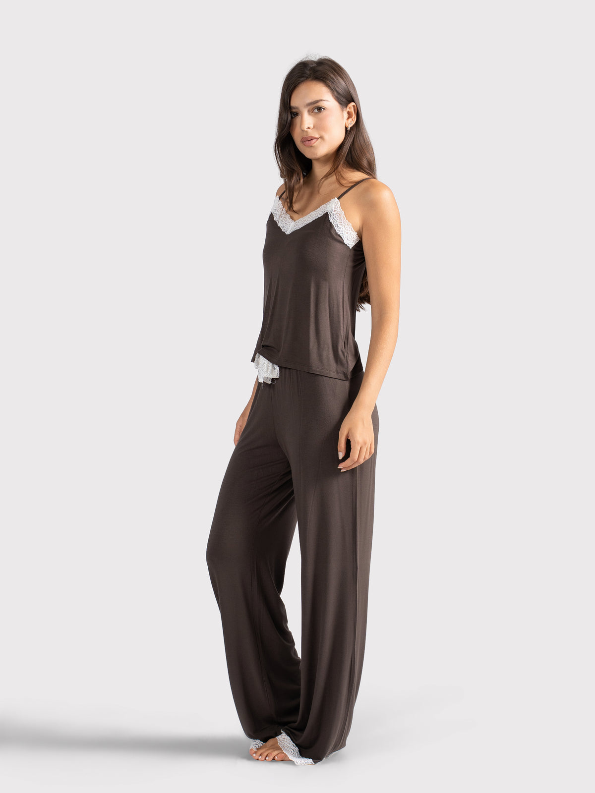 WHITE LACE TRIM CAMI PANTS SET BROWN