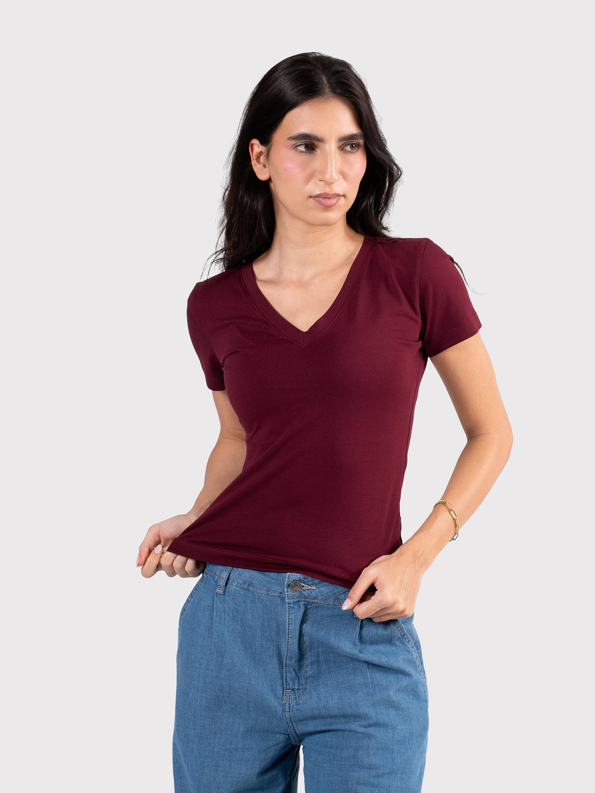 V-NECK SHORT SLEEVE TOP BURGUNDY