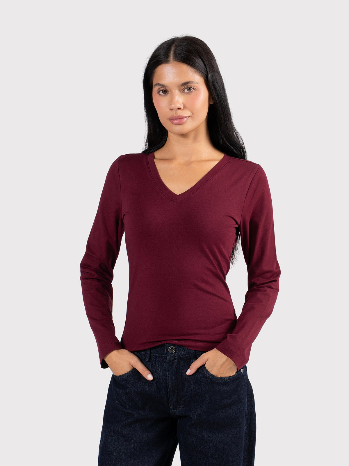 V-NECK LONG SLEEVE TOP BURGUNDY