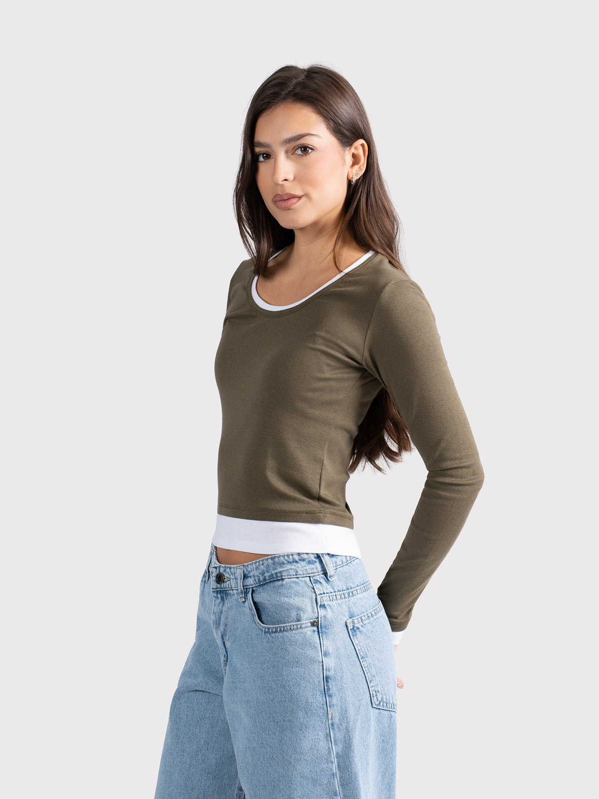 TWO TONE LONG SLEEVE TEE OLIVE